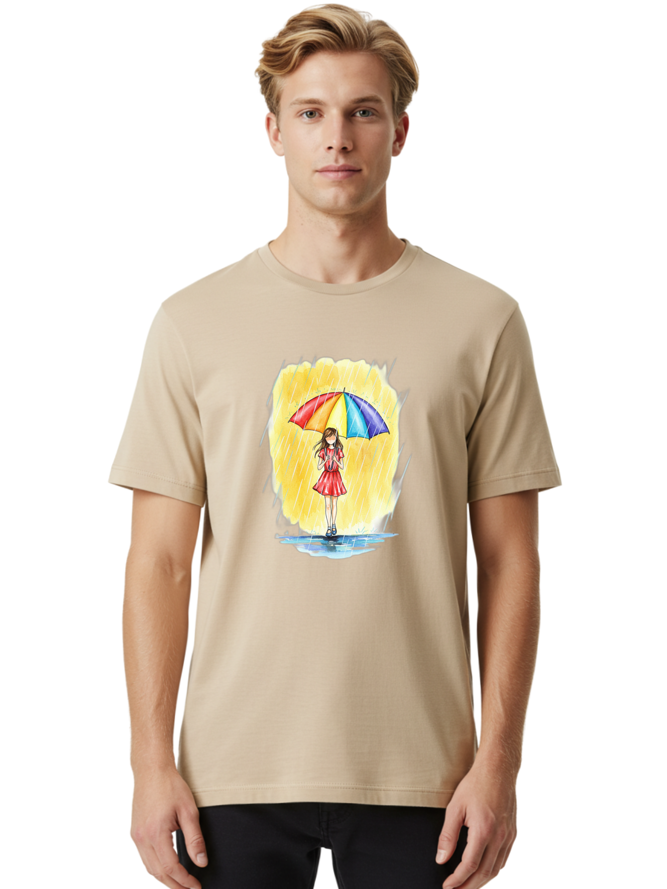 Girl-In-Red-Dress-With-Rainbow-Umbrella Men'S Graphic Tee, 100% Cotton, Comfortable Casual Summer Wear, Machine Washable, Vintage Camera, Old Camera, Antique Camera, Black Camera, Classic Photography, Photography Equipment, Nostalgic Device, Bai027