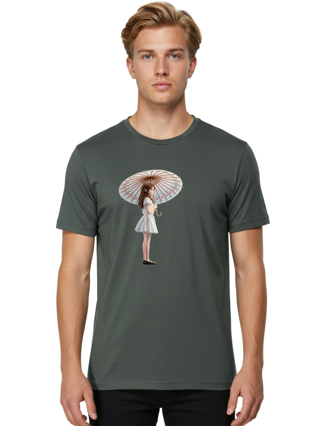Girl-With-Parasol-3 Men'S Graphic Tee, 100% Cotton, Comfortable Casual Summer Wear, Machine Washable, Vintage Camera, Old Camera, Antique Camera, Black Camera, Classic Photography, Photography Equipment, Nostalgic Device, Film Camera, Bai032