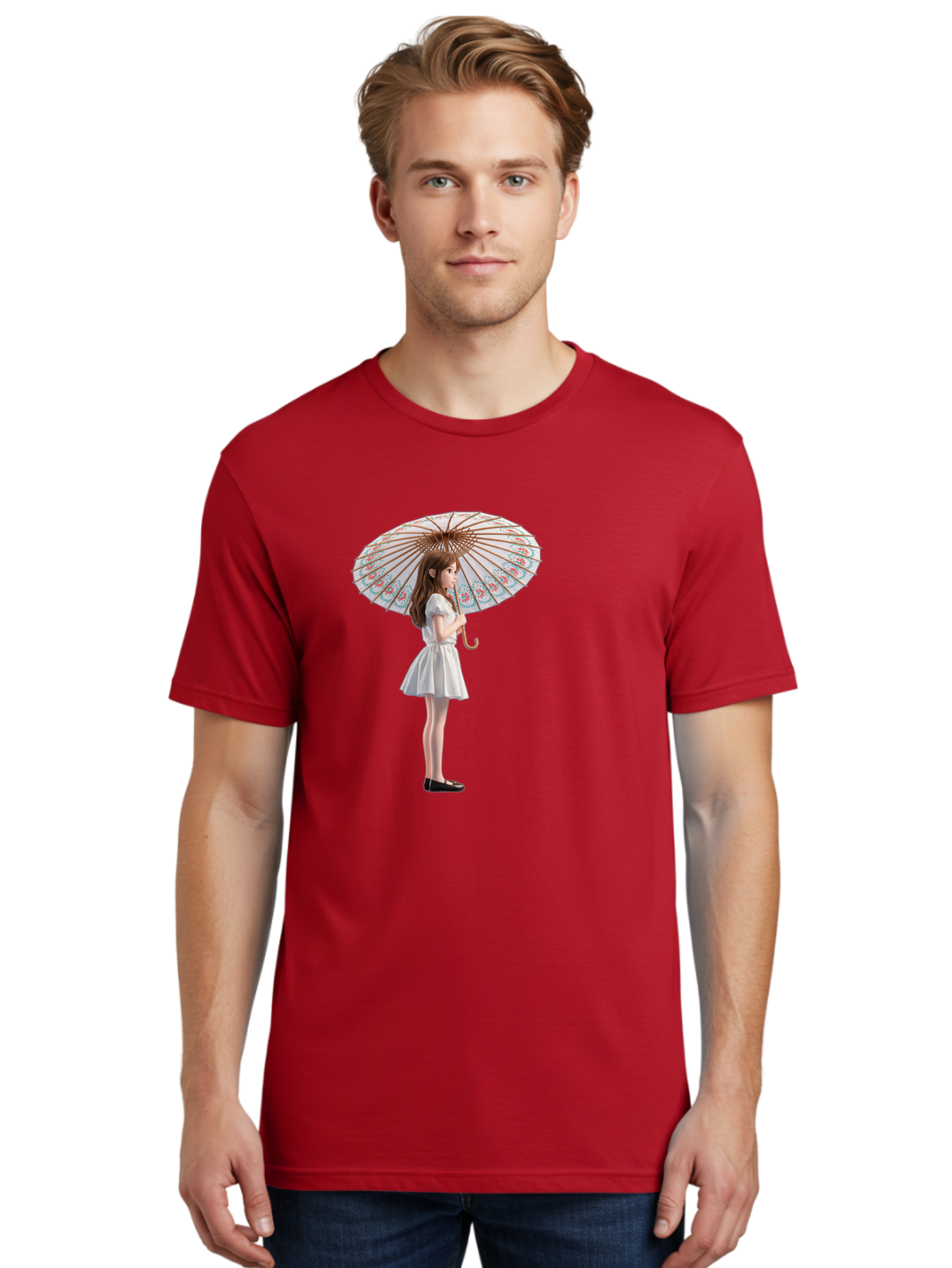 Girl-With-Parasol-3 Men'S Graphic Tee, 100% Cotton, Comfortable Casual Summer Wear, Machine Washable, Vintage Camera, Old Camera, Antique Camera, Black Camera, Classic Photography, Photography Equipment, Nostalgic Device, Film Camera, Bai032