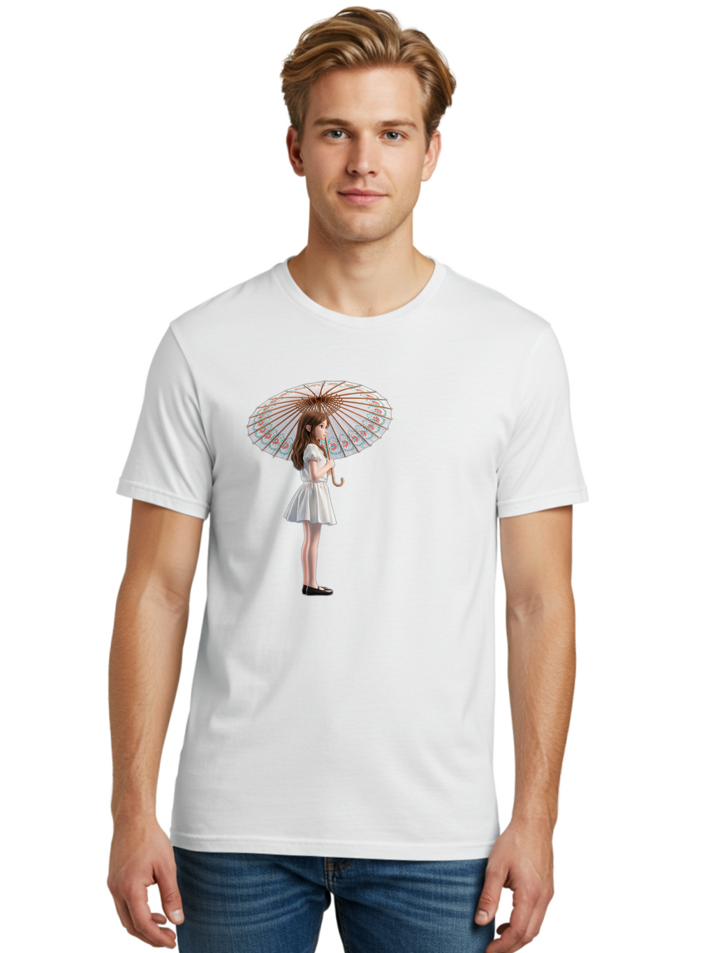 Girl-With-Parasol-3 Men'S Graphic Tee, 100% Cotton, Comfortable Casual Summer Wear, Machine Washable, Vintage Camera, Old Camera, Antique Camera, Black Camera, Classic Photography, Photography Equipment, Nostalgic Device, Film Camera, Bai032