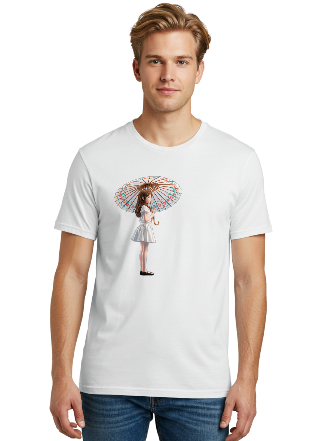 Girl-With-Parasol-3 Men'S Graphic Tee, 100% Cotton, Comfortable Casual Summer Wear, Machine Washable, Vintage Camera, Old Camera, Antique Camera, Black Camera, Classic Photography, Photography Equipment, Nostalgic Device, Film Camera, Bai032