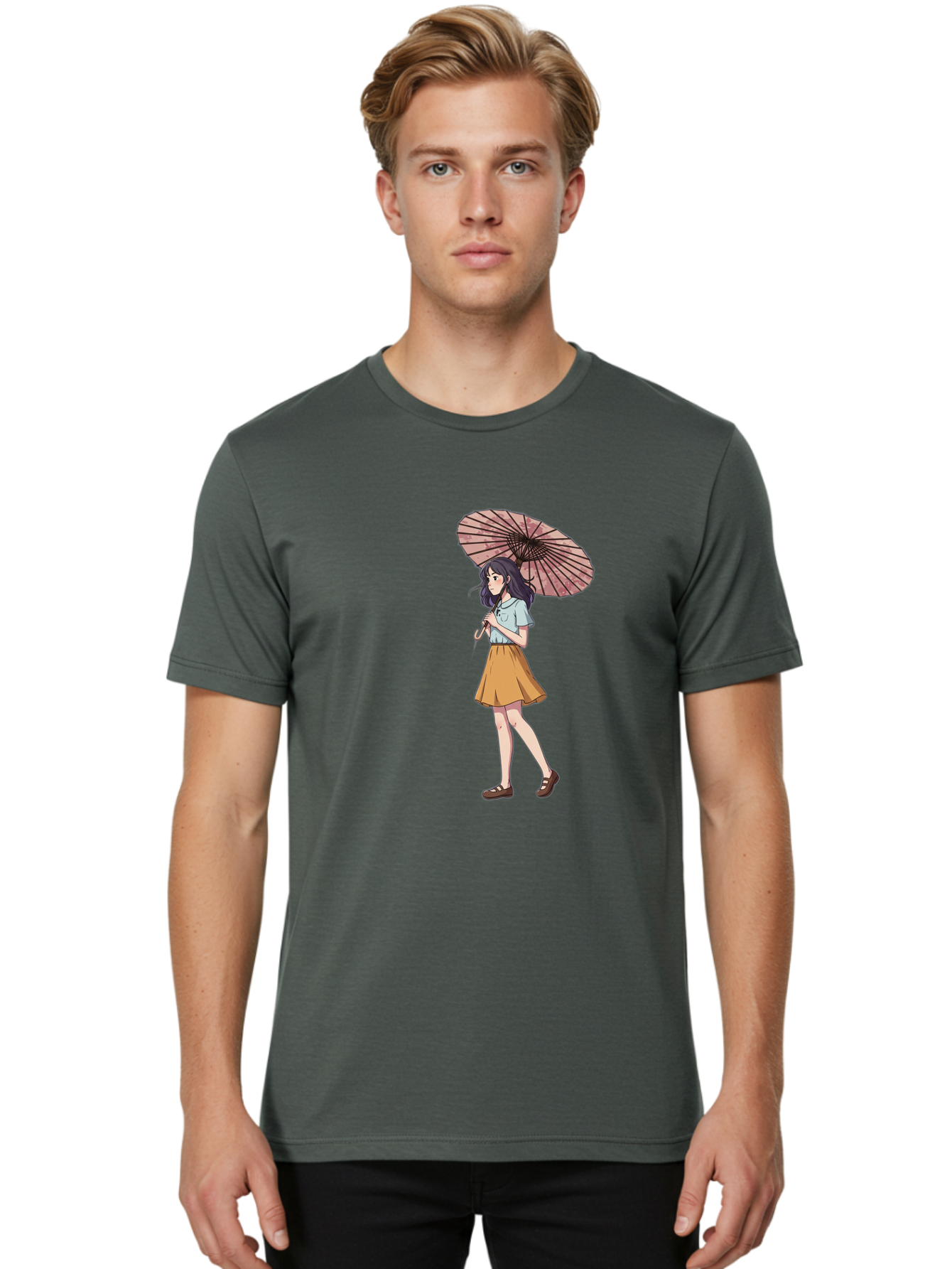 Girl-With-Parasol-4 Men'S Graphic Tee, 100% Cotton, Comfortable Casual Summer Wear, Machine Washable, Vintage Camera, Old Camera, Antique Camera, Black Camera, Classic Photography, Photography Equipment, Nostalgic Device, Film Camera, Bai033