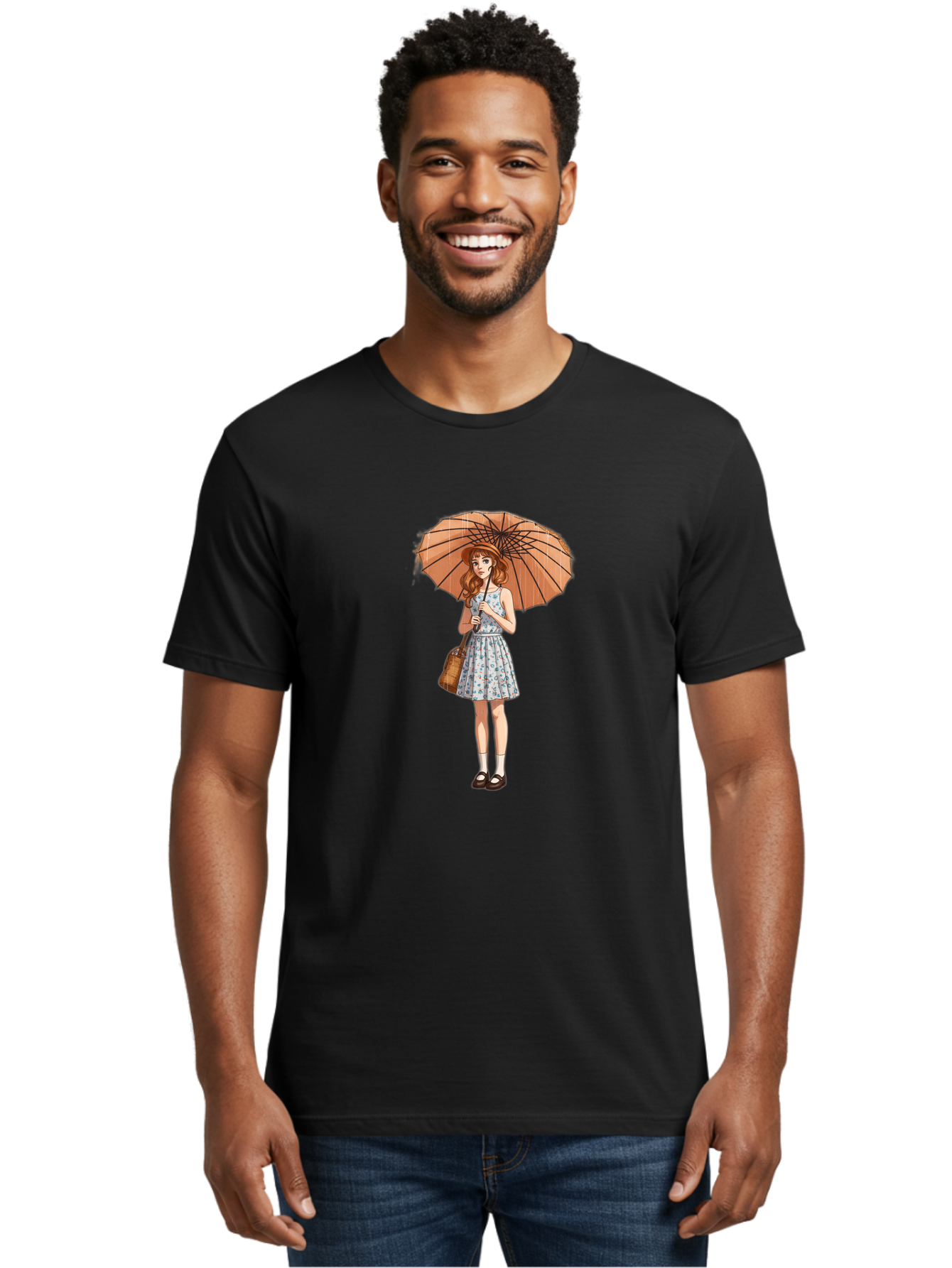 Girl-With-Umbrella-2 Men'S Graphic Tee, 100% Cotton, Comfortable Casual Summer Wear, Machine Washable, Vintage Camera, Old Camera, Antique Camera, Black Camera, Classic Photography, Photography Equipment, Nostalgic Device, Film Camera, Bai038