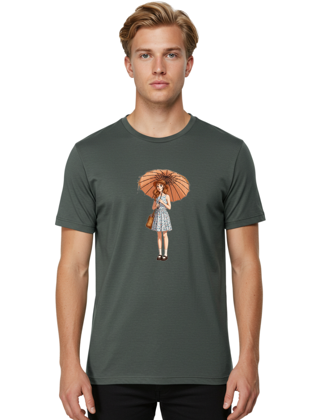Girl-With-Umbrella-2 Men'S Graphic Tee, 100% Cotton, Comfortable Casual Summer Wear, Machine Washable, Vintage Camera, Old Camera, Antique Camera, Black Camera, Classic Photography, Photography Equipment, Nostalgic Device, Film Camera, Bai038