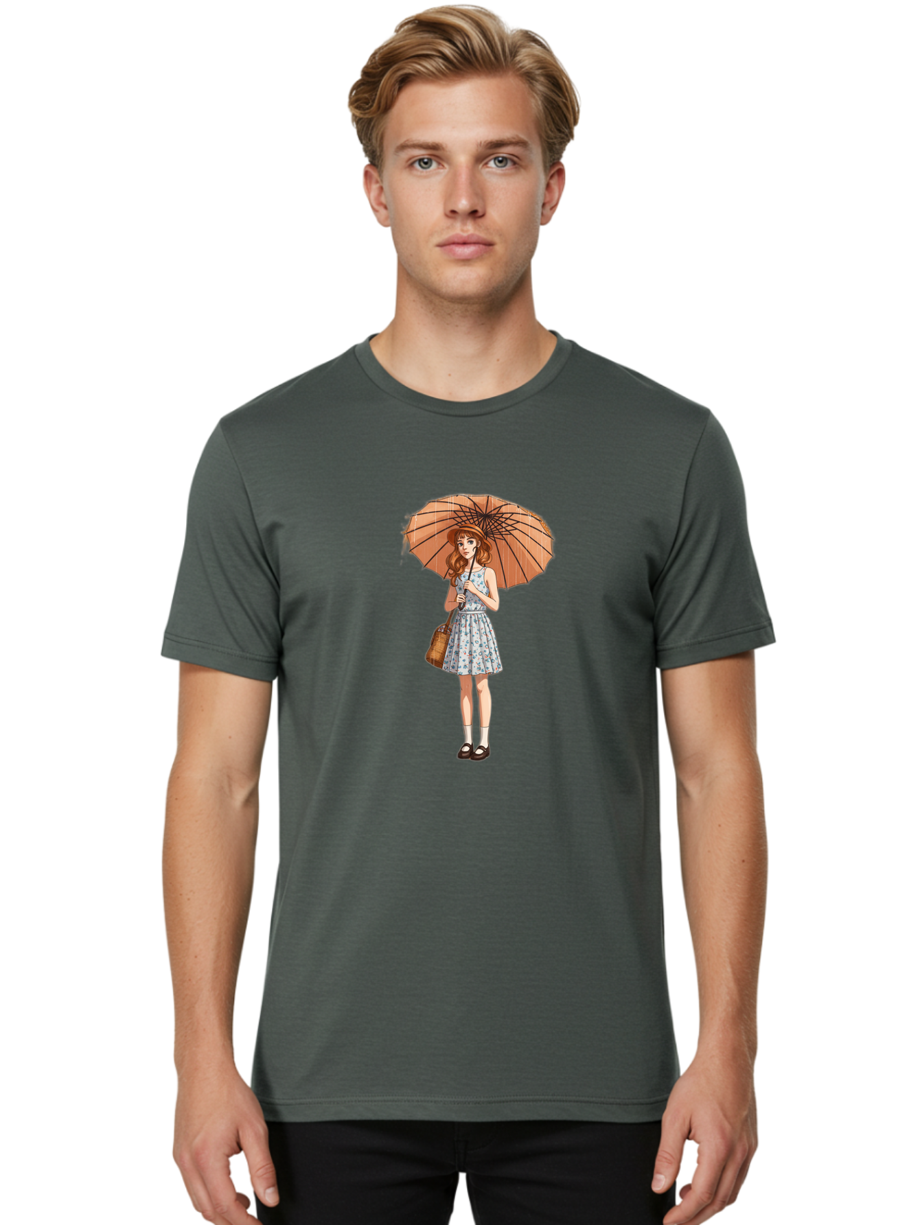 Girl-With-Umbrella-2 Men'S Graphic Tee, 100% Cotton, Comfortable Casual Summer Wear, Machine Washable, Vintage Camera, Old Camera, Antique Camera, Black Camera, Classic Photography, Photography Equipment, Nostalgic Device, Film Camera, Bai038
