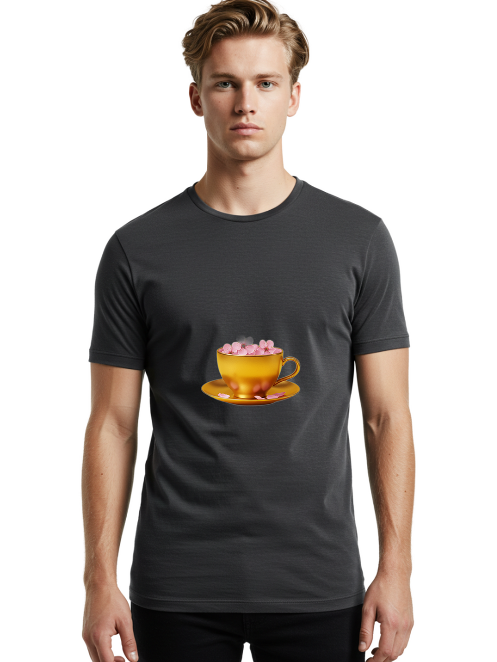 Golden-Cup-With-Petals Men'S Graphic Tee, 100% Cotton, Comfortable Casual Summer Wear, Machine Washable, Vintage Camera, Old Camera, Antique Camera, Black Camera, Classic Photography, Photography Equipment, Nostalgic Device, Film Camera, Bai059