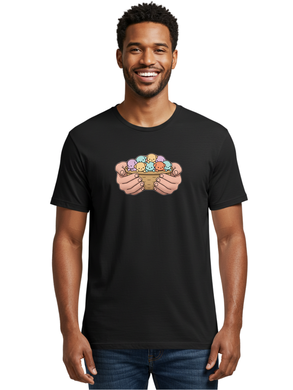 Hands-Holding-Basket-With-Axolotls Men'S Graphic Tee, 100% Cotton, Comfortable Casual Summer Wear, Machine Washable, Vintage Camera, Old Camera, Antique Camera, Black Camera, Classic Photography, Photography Equipment, Nostalgic Device, Bai065