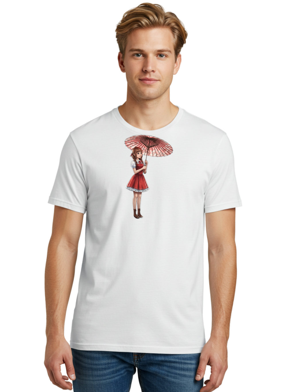 Illustration-Of-Girl-With-Parasol Men'S Graphic Tee, 100% Cotton, Comfortable Casual Summer Wear, Machine Washable, Vintage Camera, Old Camera, Antique Camera, Black Camera, Classic Photography, Photography Equipment, Nostalgic Device, Bai077