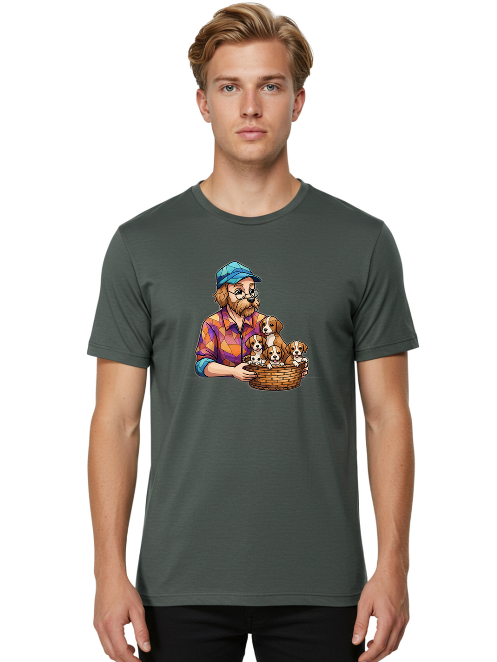 Man-Holding-Puppies Men'S Graphic Tee, 100% Cotton, Comfortable Casual Summer Wear, Machine Washable, Vintage Camera, Old Camera, Antique Camera, Black Camera, Classic Photography, Photography Equipment, Nostalgic Device, Film Camera, Bai111