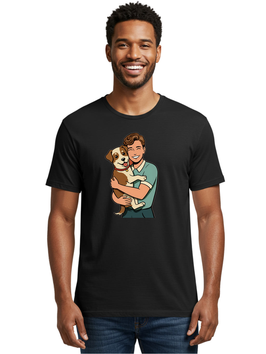 Man-Hugging-Dog-2 Men'S Graphic Tee, 100% Cotton, Comfortable Casual Summer Wear, Machine Washable, Vintage Camera, Old Camera, Antique Camera, Black Camera, Classic Photography, Photography Equipment, Nostalgic Device, Film Camera, Camera Art Bai113