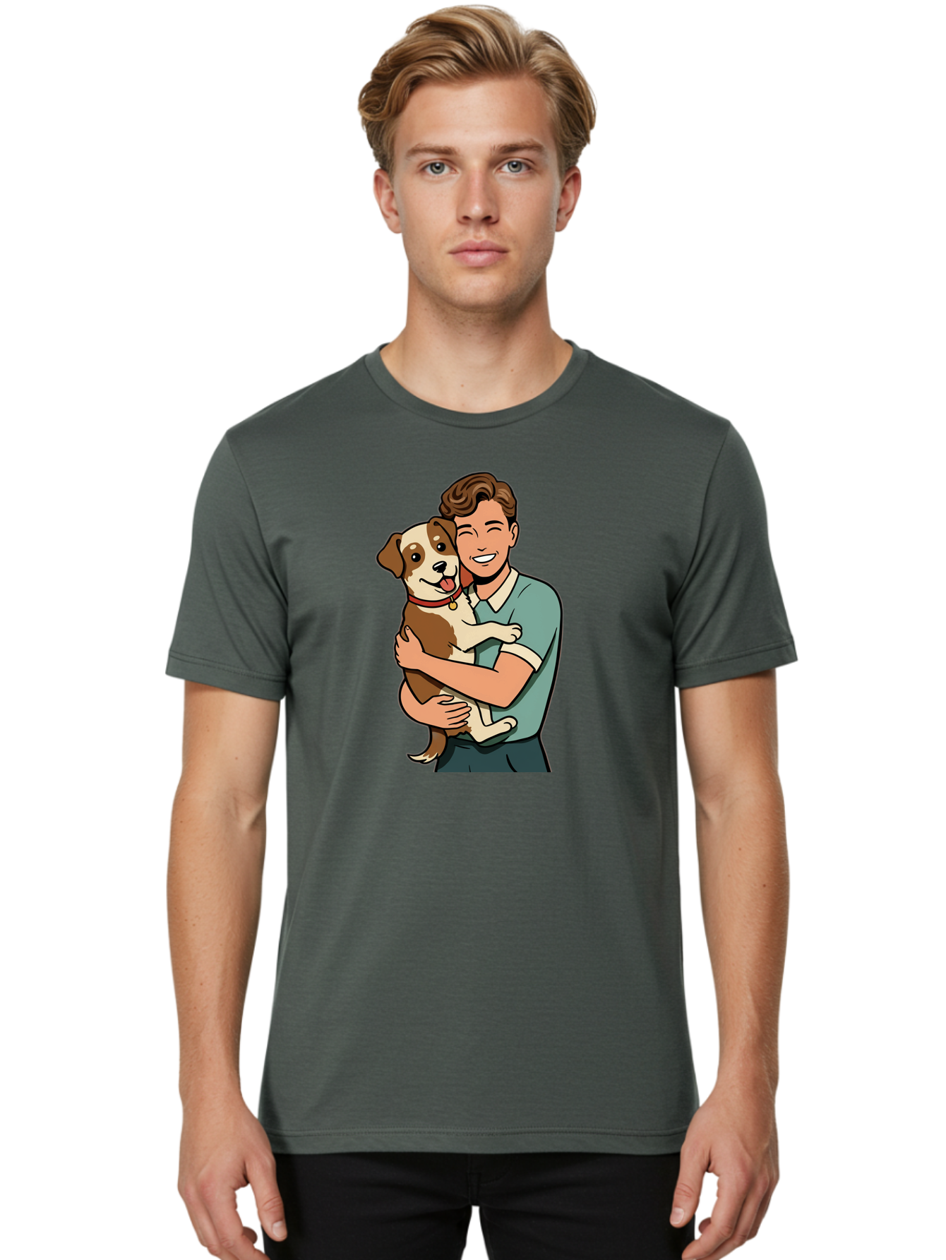 Man-Hugging-Dog-2 Men'S Graphic Tee, 100% Cotton, Comfortable Casual Summer Wear, Machine Washable, Vintage Camera, Old Camera, Antique Camera, Black Camera, Classic Photography, Photography Equipment, Nostalgic Device, Film Camera, Camera Art Bai113