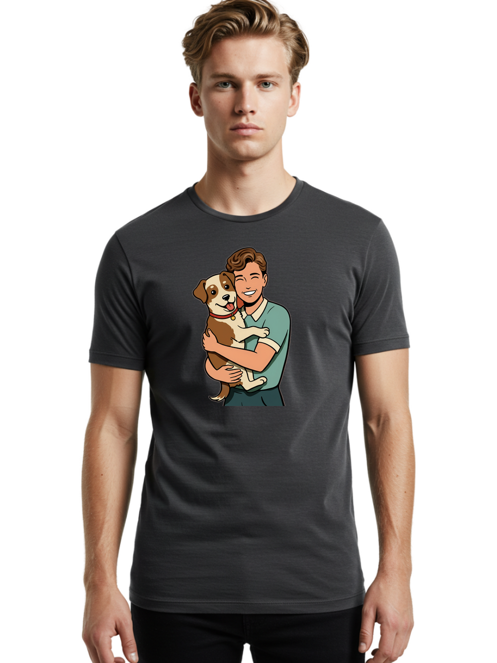 Man-Hugging-Dog-2 Men'S Graphic Tee, 100% Cotton, Comfortable Casual Summer Wear, Machine Washable, Vintage Camera, Old Camera, Antique Camera, Black Camera, Classic Photography, Photography Equipment, Nostalgic Device, Film Camera, Camera Art Bai113