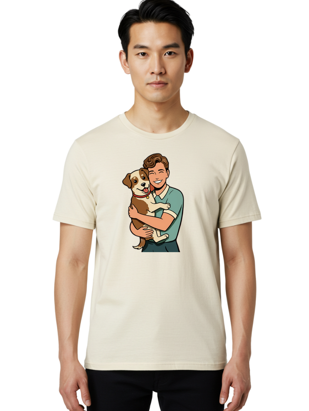 Man-Hugging-Dog-2 Men'S Graphic Tee, 100% Cotton, Comfortable Casual Summer Wear, Machine Washable, Vintage Camera, Old Camera, Antique Camera, Black Camera, Classic Photography, Photography Equipment, Nostalgic Device, Film Camera, Camera Art Bai113
