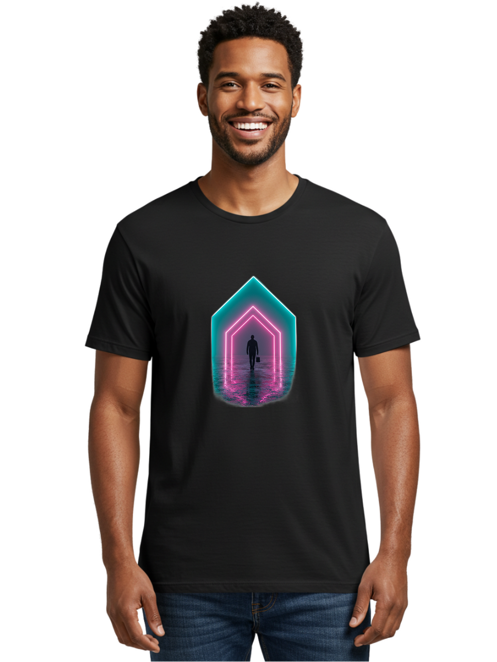 Man-Walking-Through-Neon-House Men'S Graphic Tee, 100% Cotton, Comfortable Casual Summer Wear, Machine Washable, Vintage Camera, Old Camera, Antique Camera, Black Camera, Classic Photography, Photography Equipment, Nostalgic Device, Bai117