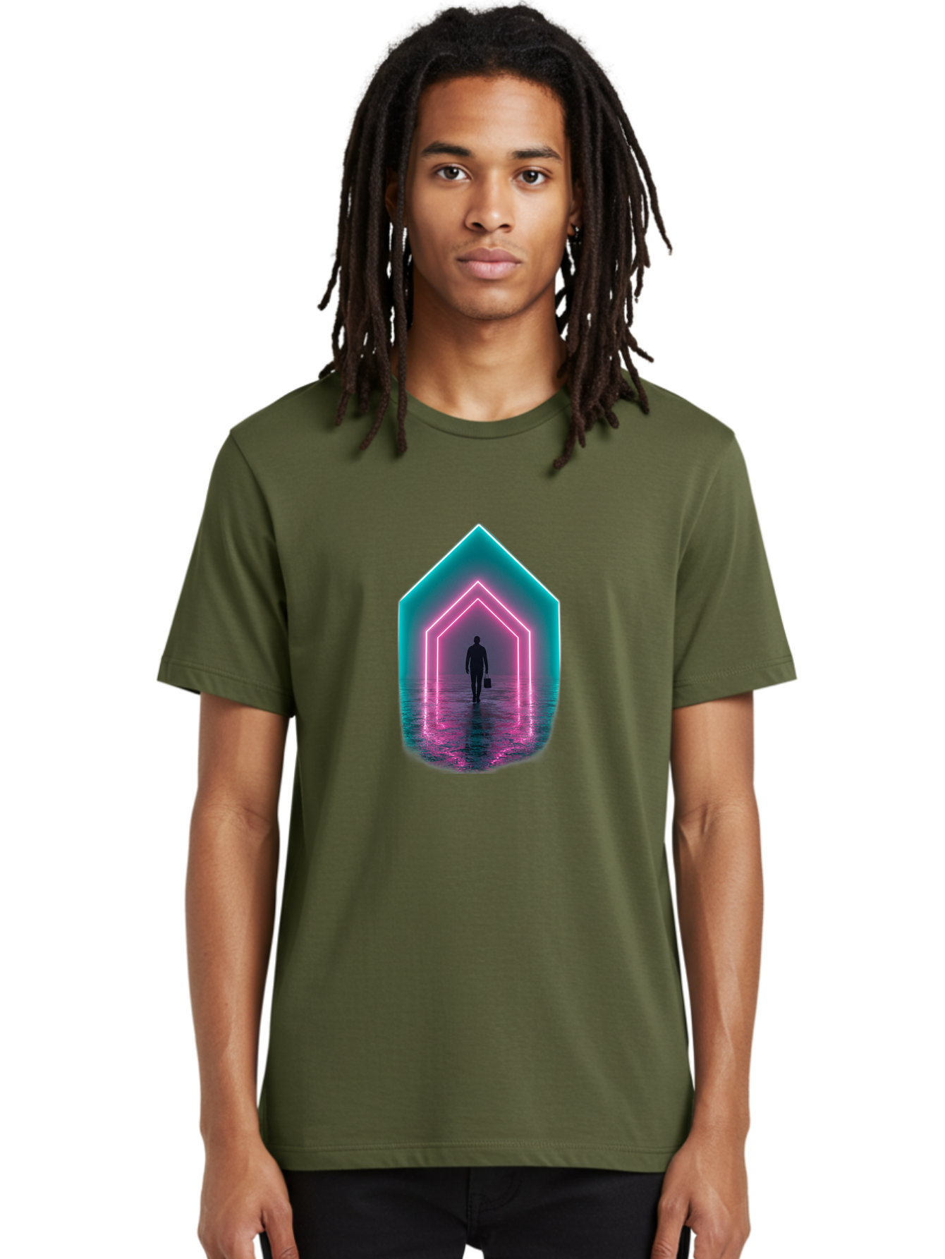 Man-Walking-Through-Neon-House Men'S Graphic Tee, 100% Cotton, Comfortable Casual Summer Wear, Machine Washable, Vintage Camera, Old Camera, Antique Camera, Black Camera, Classic Photography, Photography Equipment, Nostalgic Device, Bai117