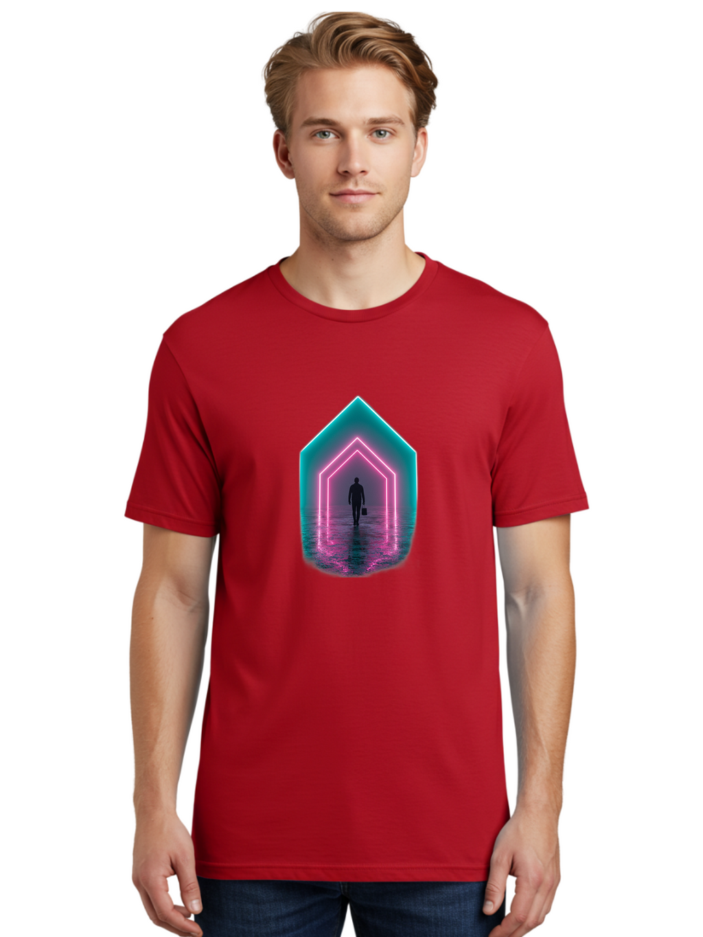 Man-Walking-Through-Neon-House Men'S Graphic Tee, 100% Cotton, Comfortable Casual Summer Wear, Machine Washable, Vintage Camera, Old Camera, Antique Camera, Black Camera, Classic Photography, Photography Equipment, Nostalgic Device, Bai117
