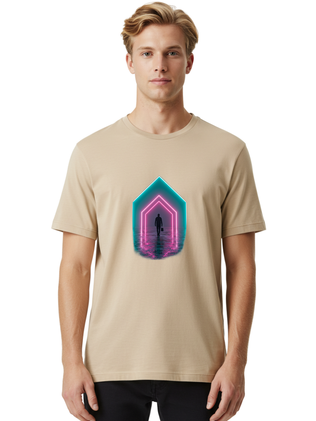 Man-Walking-Through-Neon-House Men'S Graphic Tee, 100% Cotton, Comfortable Casual Summer Wear, Machine Washable, Vintage Camera, Old Camera, Antique Camera, Black Camera, Classic Photography, Photography Equipment, Nostalgic Device, Bai117