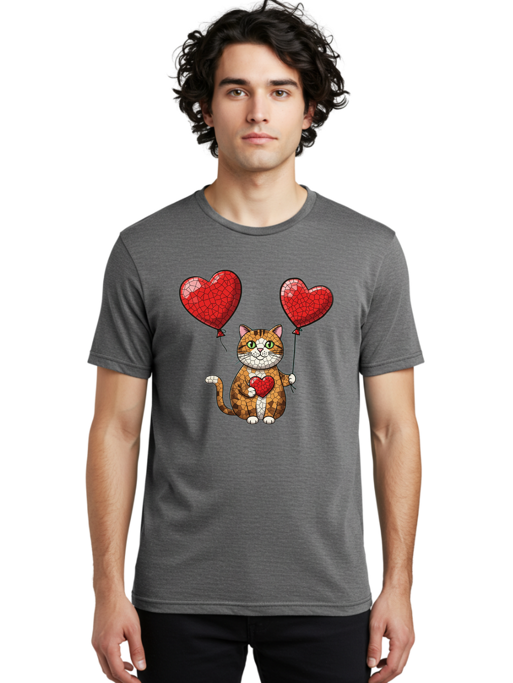Mosaic-Cat-With-Heart-Balloons Men'S Graphic Tee, 100% Cotton, Comfortable Casual Summer Wear, Machine Washable, Vintage Camera, Old Camera, Antique Camera, Black Camera, Classic Photography, Photography Equipment, Nostalgic Device, Bai165