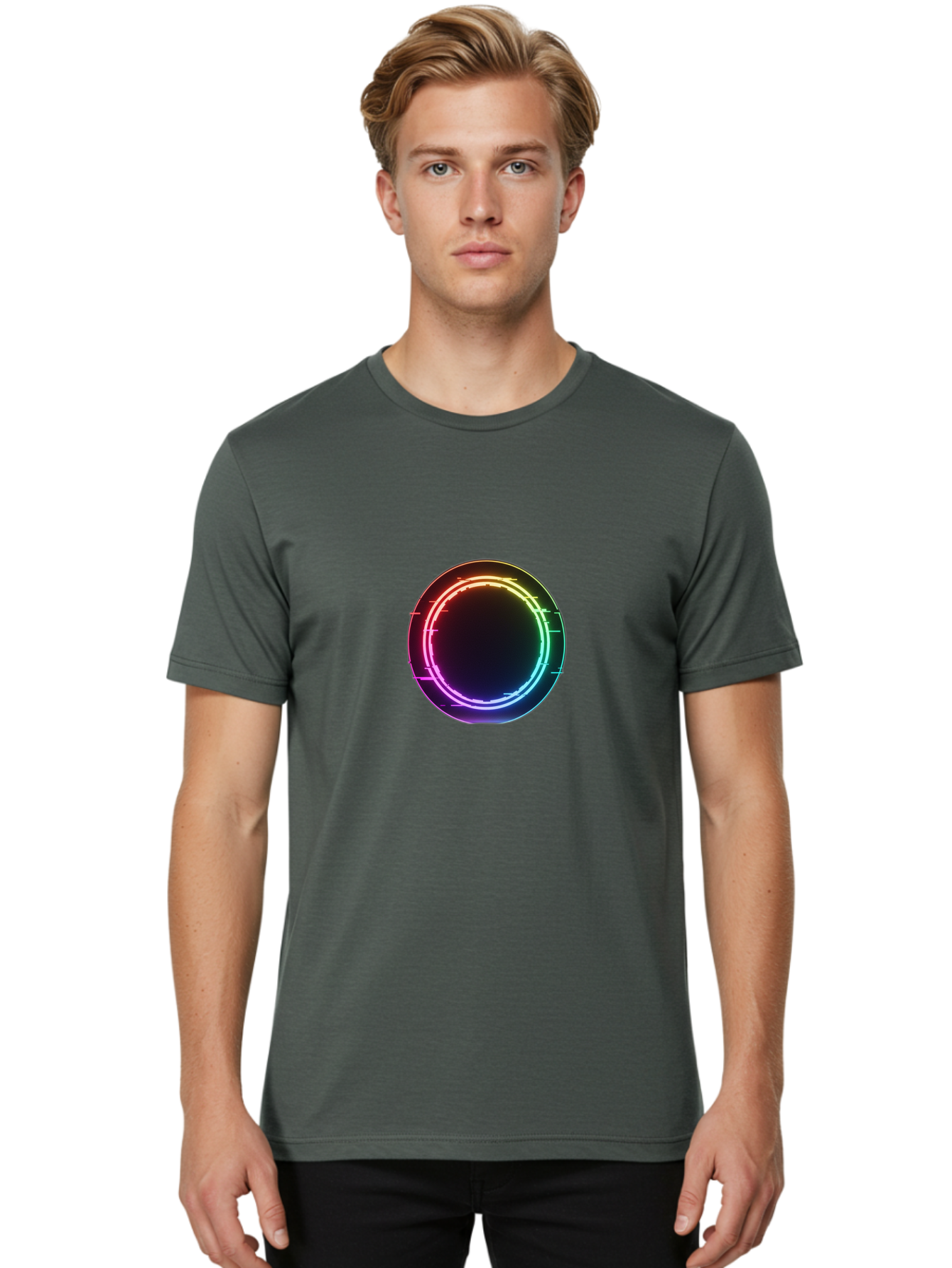 Neon-Circle-1 Men'S Graphic Tee, 100% Cotton, Comfortable Casual Summer Wear, Machine Washable, Vintage Camera, Old Camera, Antique Camera, Black Camera, Classic Photography, Photography Equipment, Nostalgic Device, Film Camera, Camera Art Bai177