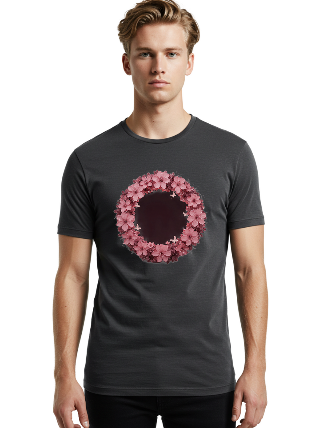 Pink-Flowers-Wreath Men'S Graphic Tee, 100% Cotton, Comfortable Casual Summer Wear, Machine Washable, Vintage Camera, Old Camera, Antique Camera, Black Camera, Classic Photography, Photography Equipment, Nostalgic Device, Film Camera, Bai224