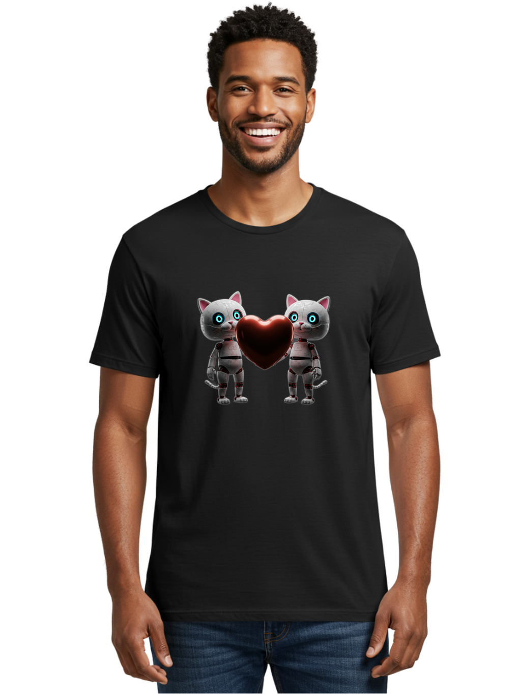 Robotic-Cats-Holding-Heart Men'S Graphic Tee, 100% Cotton, Comfortable Casual Summer Wear, Machine Washable, Vintage Camera, Old Camera, Antique Camera, Black Camera, Classic Photography, Photography Equipment, Nostalgic Device, Film Camera, Bai304