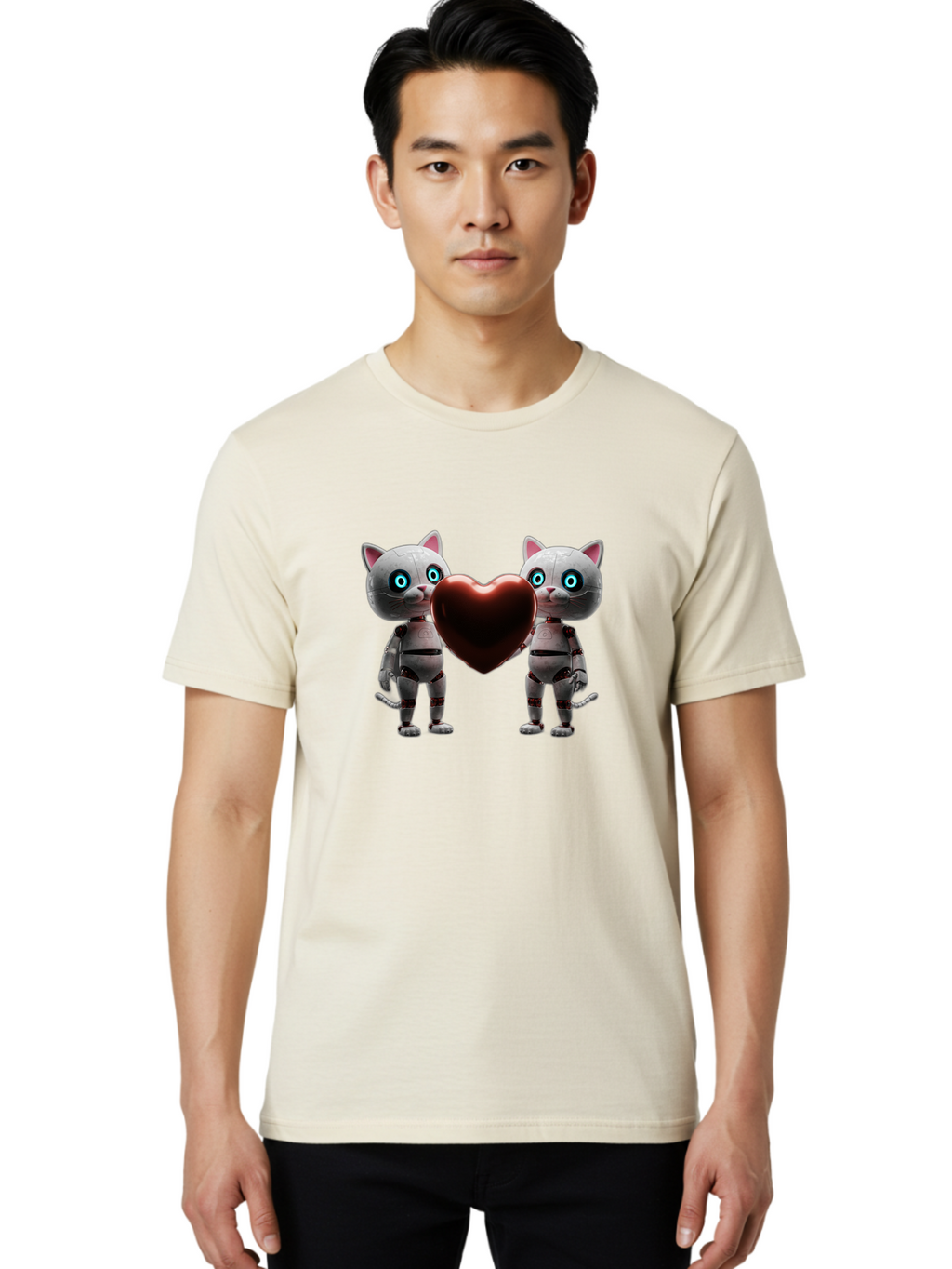 Robotic-Cats-Holding-Heart Men'S Graphic Tee, 100% Cotton, Comfortable Casual Summer Wear, Machine Washable, Vintage Camera, Old Camera, Antique Camera, Black Camera, Classic Photography, Photography Equipment, Nostalgic Device, Film Camera, Bai304