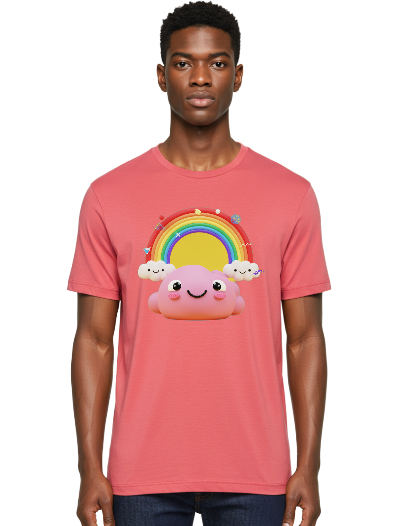 Smiling-Pink-Cloud-With-Rainbow Men'S Graphic Tee, 100% Cotton, Comfortable Casual Summer Wear, Machine Washable, Vintage Camera, Old Camera, Antique Camera, Black Camera, Classic Photography, Photography Equipment, Nostalgic Device, Bai389