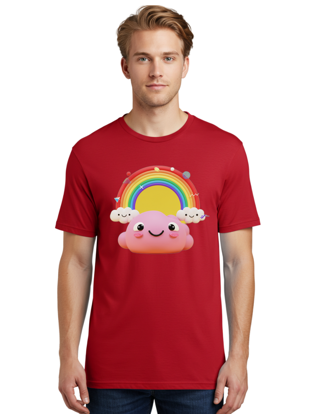 Smiling-Pink-Cloud-With-Rainbow Men'S Graphic Tee, 100% Cotton, Comfortable Casual Summer Wear, Machine Washable, Vintage Camera, Old Camera, Antique Camera, Black Camera, Classic Photography, Photography Equipment, Nostalgic Device, Bai389