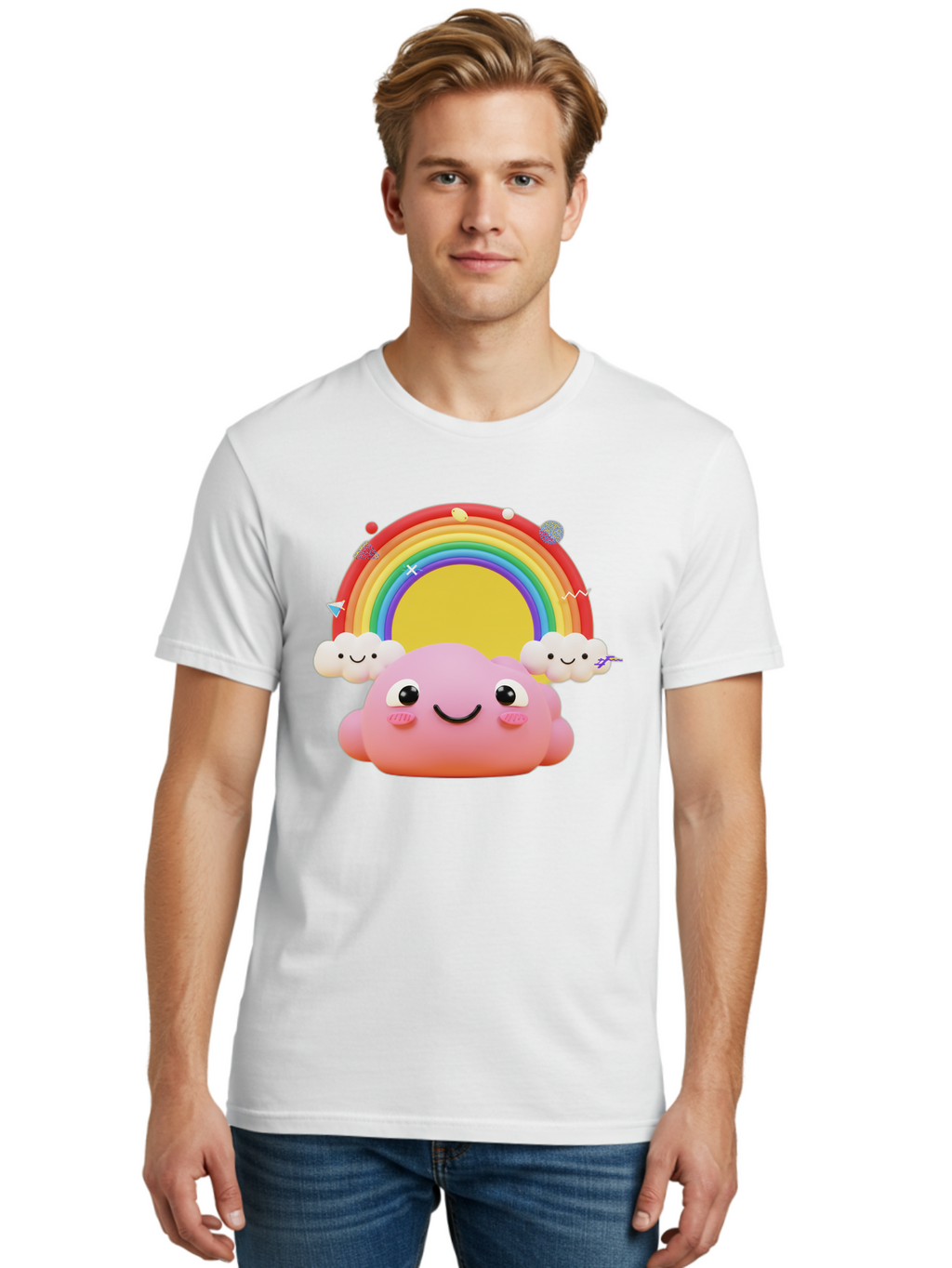 Smiling-Pink-Cloud-With-Rainbow Men'S Graphic Tee, 100% Cotton, Comfortable Casual Summer Wear, Machine Washable, Vintage Camera, Old Camera, Antique Camera, Black Camera, Classic Photography, Photography Equipment, Nostalgic Device, Bai389
