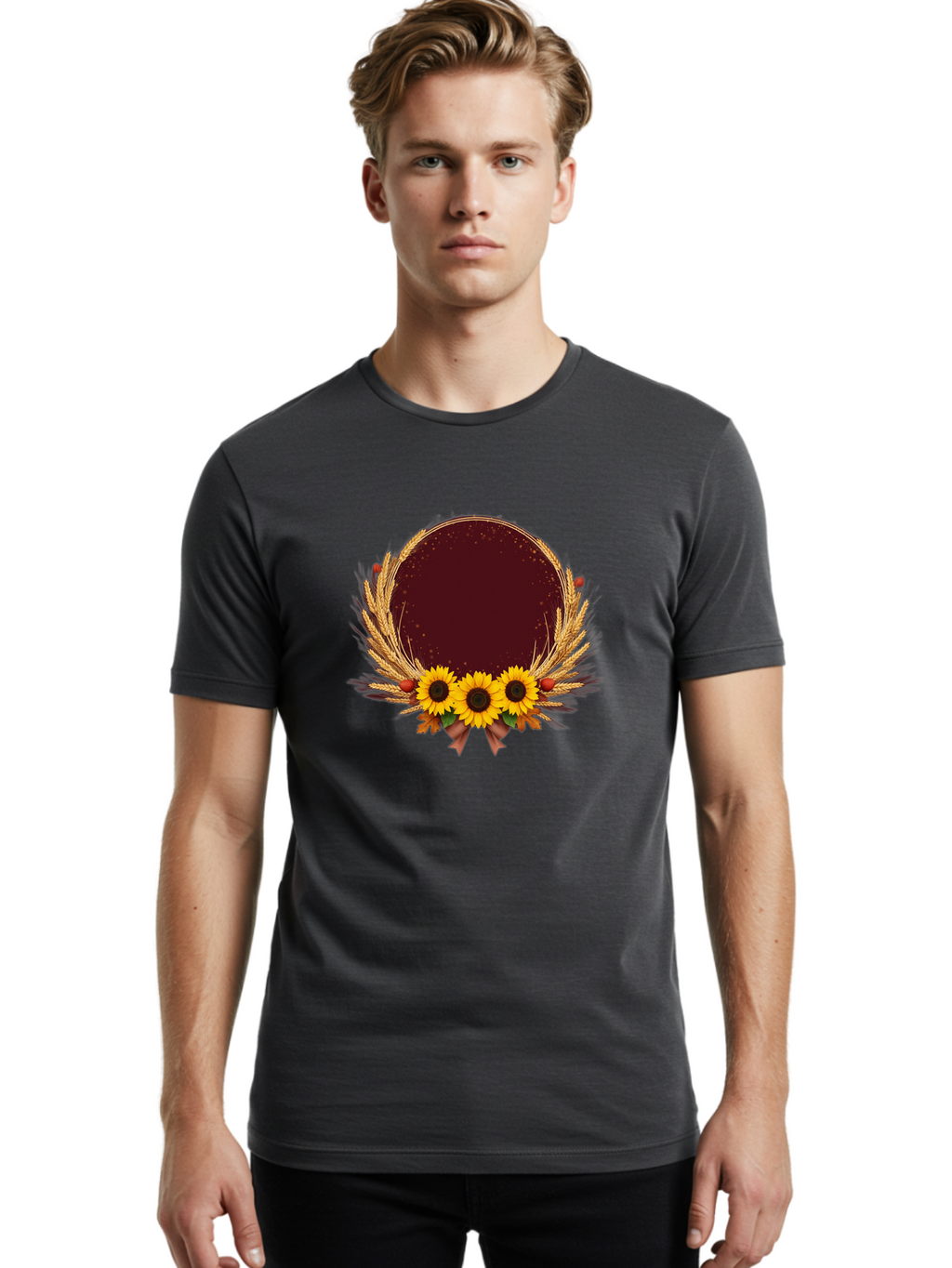 Sunflower-Wreath-Frame Men'S Graphic Tee, 100% Cotton, Comfortable Casual Summer Wear, Machine Washable, Vintage Camera, Old Camera, Antique Camera, Black Camera, Classic Photography, Photography Equipment, Nostalgic Device, Film Camera, Bai430