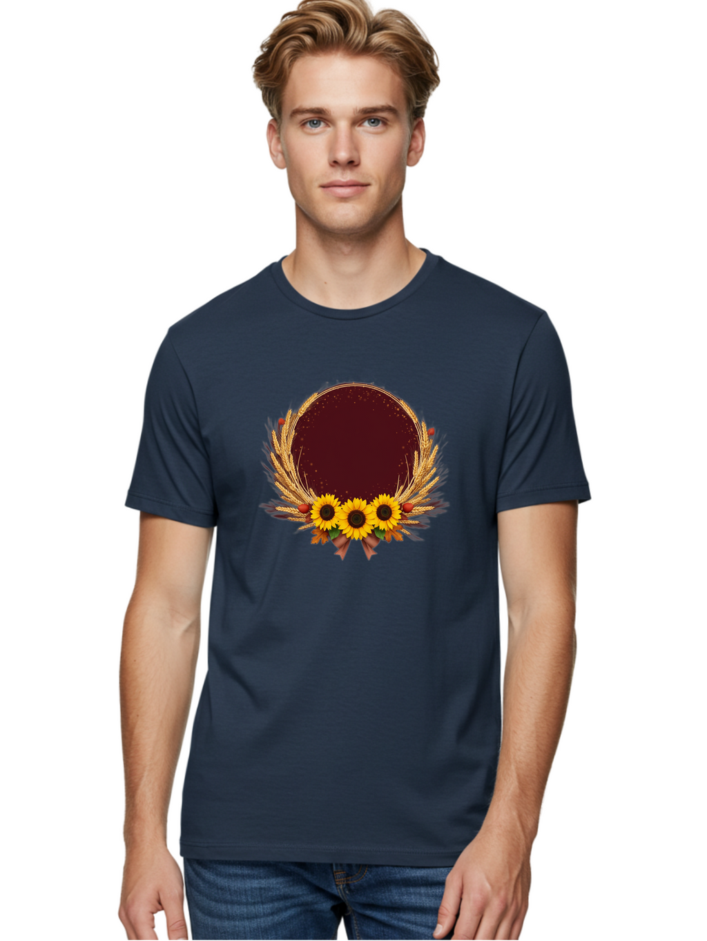 Sunflower-Wreath-Frame Men'S Graphic Tee, 100% Cotton, Comfortable Casual Summer Wear, Machine Washable, Vintage Camera, Old Camera, Antique Camera, Black Camera, Classic Photography, Photography Equipment, Nostalgic Device, Film Camera, Bai430