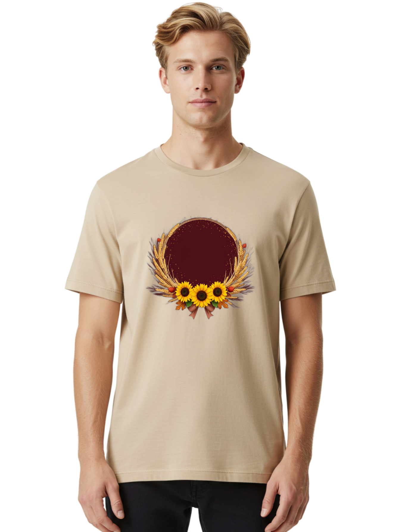 Sunflower-Wreath-Frame Men'S Graphic Tee, 100% Cotton, Comfortable Casual Summer Wear, Machine Washable, Vintage Camera, Old Camera, Antique Camera, Black Camera, Classic Photography, Photography Equipment, Nostalgic Device, Film Camera, Bai430