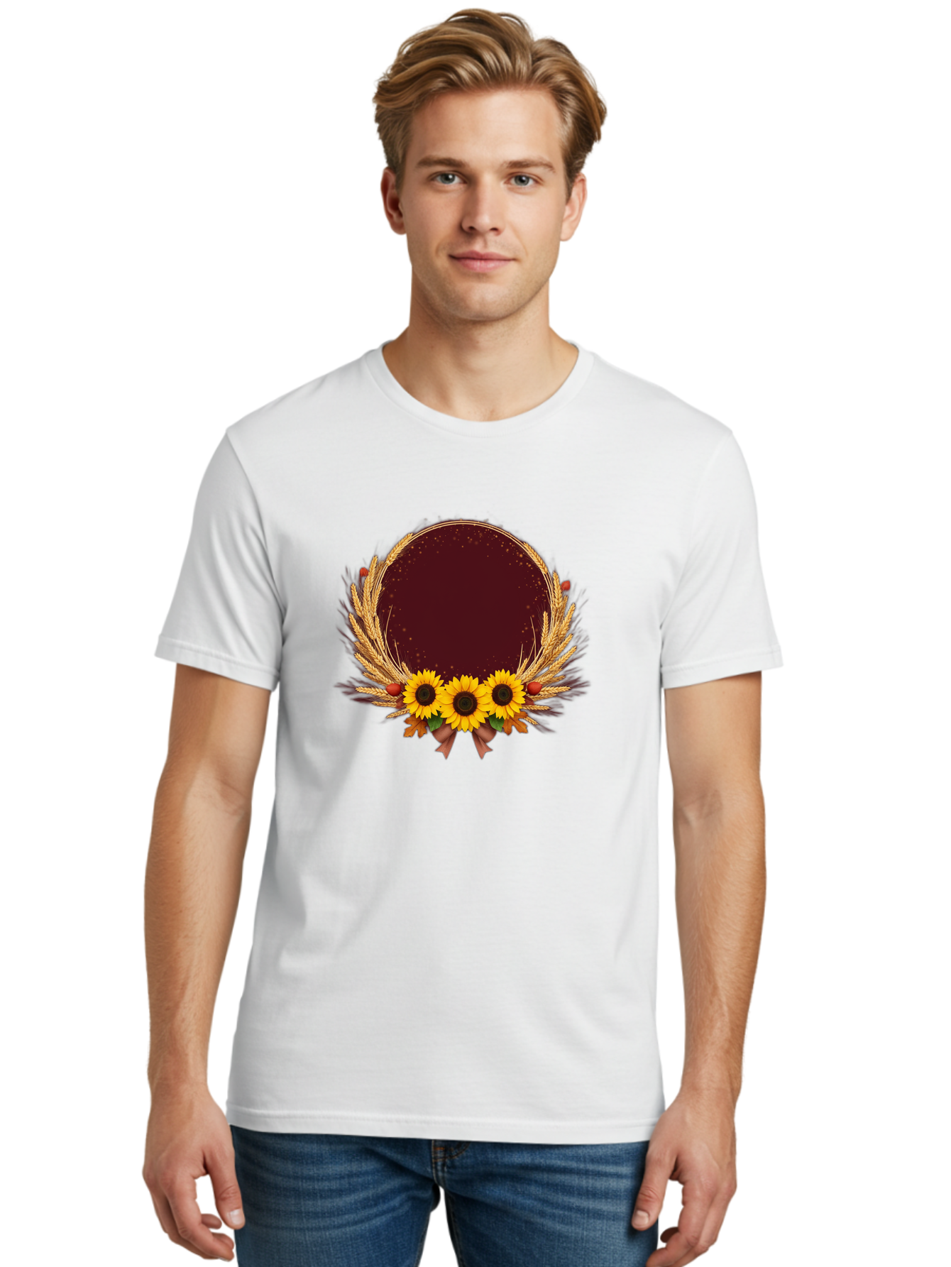 Sunflower-Wreath-Frame Men'S Graphic Tee, 100% Cotton, Comfortable Casual Summer Wear, Machine Washable, Vintage Camera, Old Camera, Antique Camera, Black Camera, Classic Photography, Photography Equipment, Nostalgic Device, Film Camera, Bai430