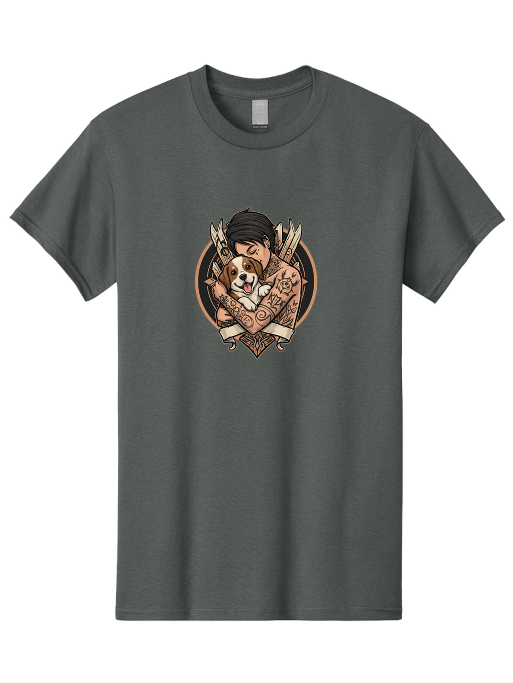 Tattooed-Man-Hugging-Dog Men'S Graphic Tee, 100% Cotton, Comfortable Casual Summer Wear, Machine Washable, Vintage Camera, Old Camera, Antique Camera, Black Camera, Classic Photography, Photography Equipment, Nostalgic Device, Film Camera, Bai444