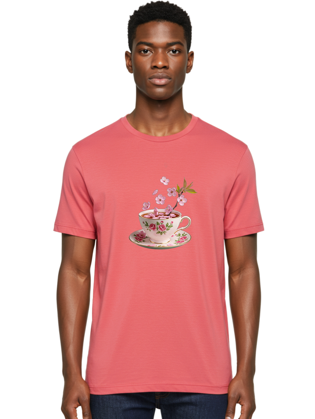 Tea-Cup-With-Cherry-Blossoms-1 Men'S Graphic Tee, 100% Cotton, Comfortable Casual Summer Wear, Machine Washable, Vintage Camera, Old Camera, Antique Camera, Black Camera, Classic Photography, Photography Equipment, Nostalgic Device, Bai446