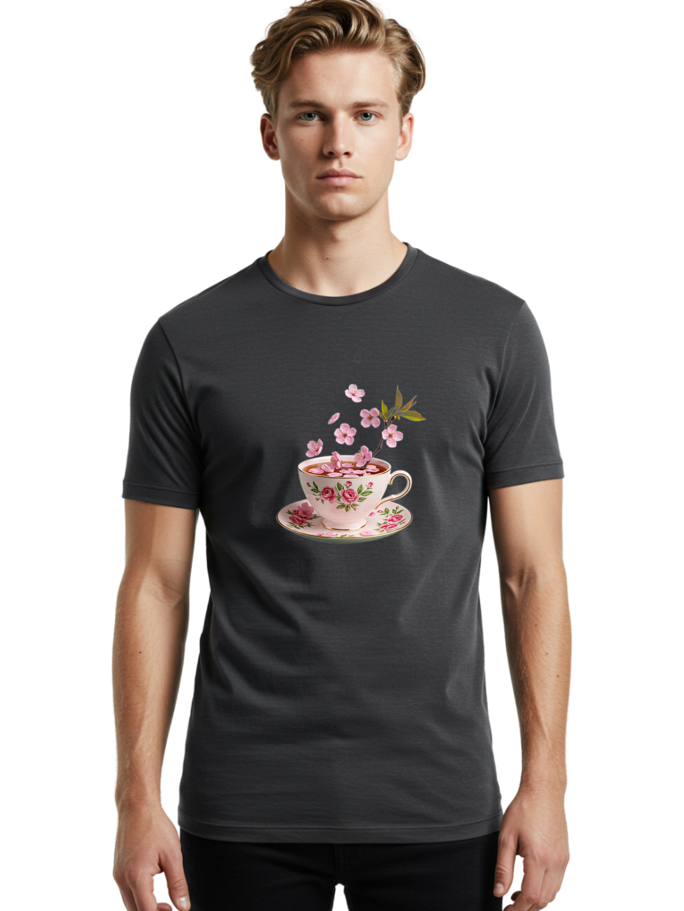 Tea-Cup-With-Cherry-Blossoms-1 Men'S Graphic Tee, 100% Cotton, Comfortable Casual Summer Wear, Machine Washable, Vintage Camera, Old Camera, Antique Camera, Black Camera, Classic Photography, Photography Equipment, Nostalgic Device, Bai446