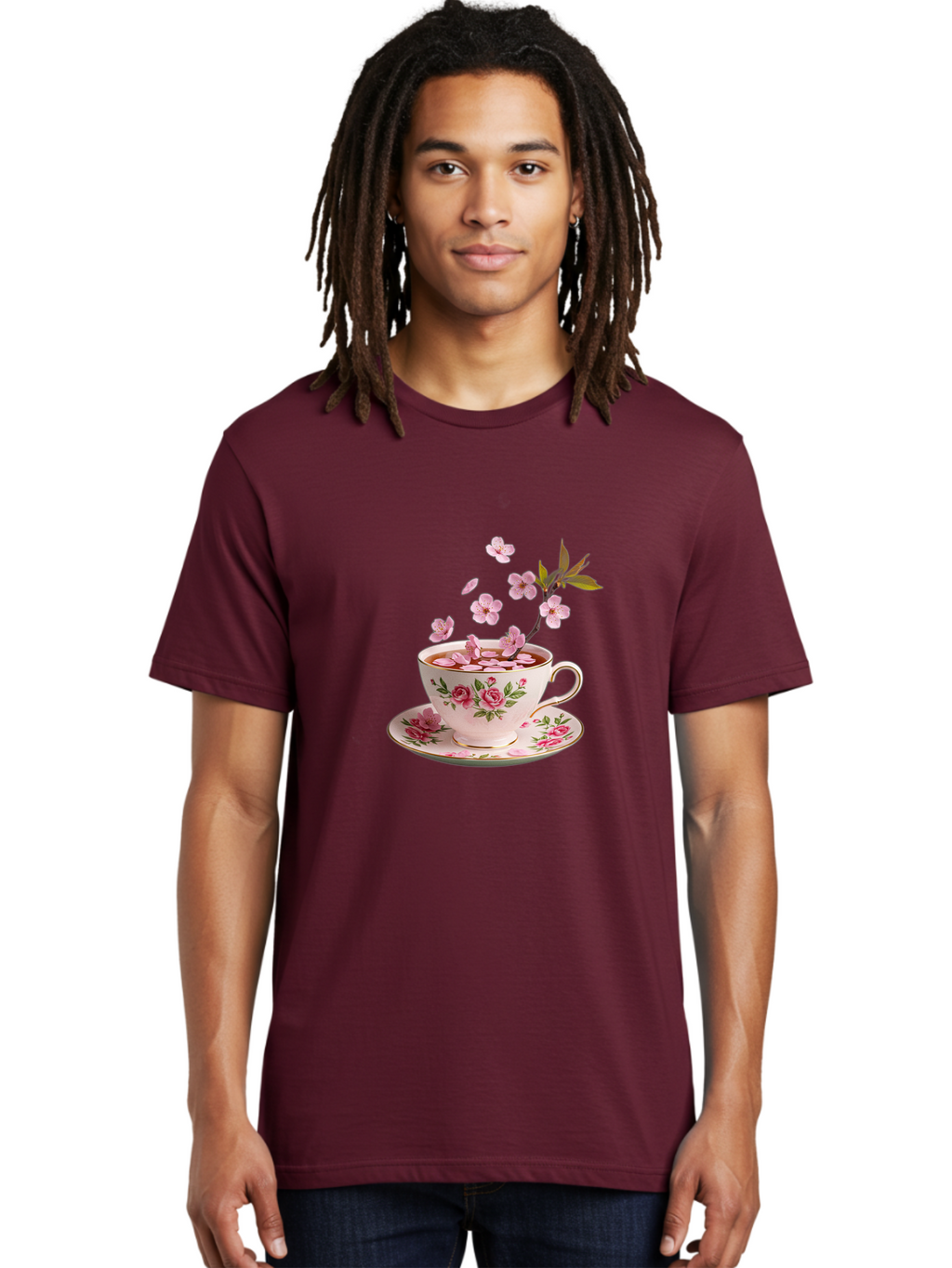 Tea-Cup-With-Cherry-Blossoms-1 Men'S Graphic Tee, 100% Cotton, Comfortable Casual Summer Wear, Machine Washable, Vintage Camera, Old Camera, Antique Camera, Black Camera, Classic Photography, Photography Equipment, Nostalgic Device, Bai446