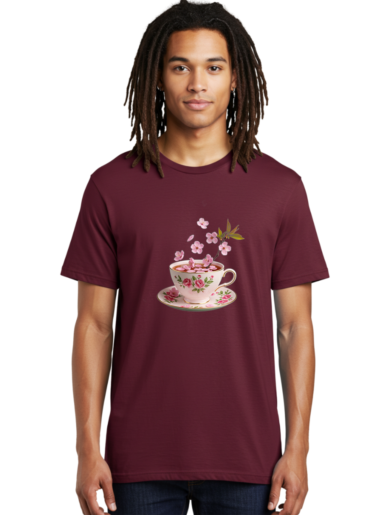 Tea-Cup-With-Cherry-Blossoms-1 Men'S Graphic Tee, 100% Cotton, Comfortable Casual Summer Wear, Machine Washable, Vintage Camera, Old Camera, Antique Camera, Black Camera, Classic Photography, Photography Equipment, Nostalgic Device, Bai446