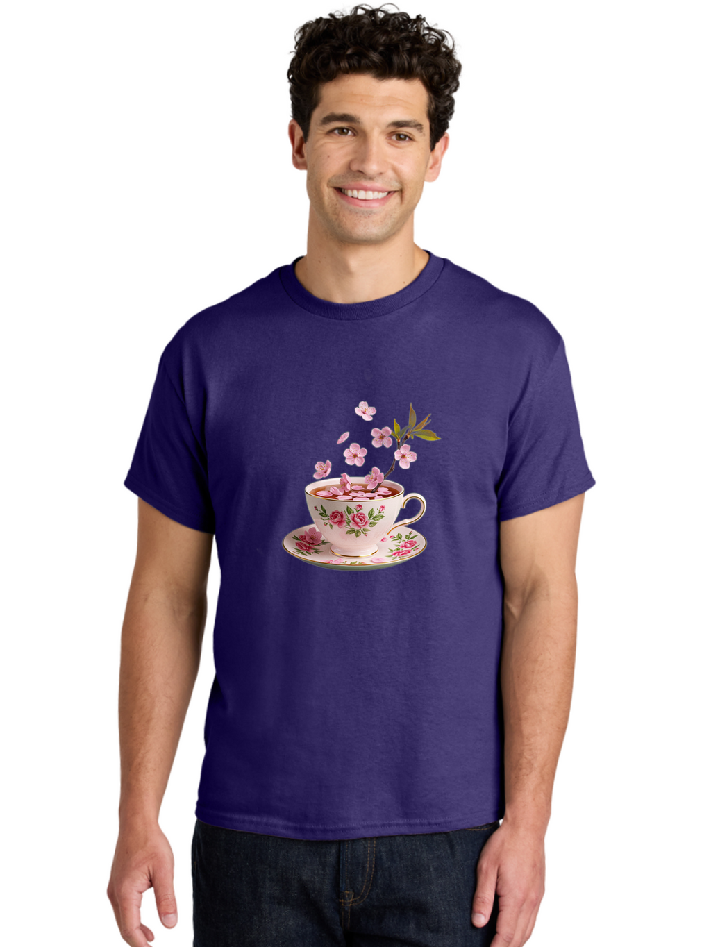 Tea-Cup-With-Cherry-Blossoms-1 Men'S Graphic Tee, 100% Cotton, Comfortable Casual Summer Wear, Machine Washable, Vintage Camera, Old Camera, Antique Camera, Black Camera, Classic Photography, Photography Equipment, Nostalgic Device, Bai446