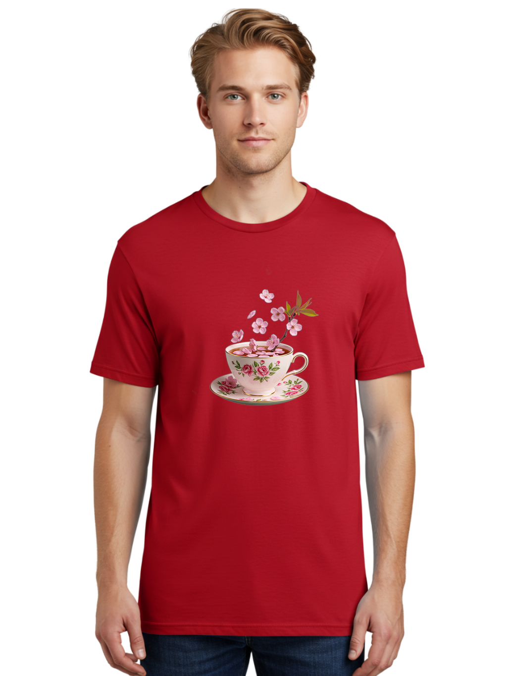 Tea-Cup-With-Cherry-Blossoms-1 Men'S Graphic Tee, 100% Cotton, Comfortable Casual Summer Wear, Machine Washable, Vintage Camera, Old Camera, Antique Camera, Black Camera, Classic Photography, Photography Equipment, Nostalgic Device, Bai446