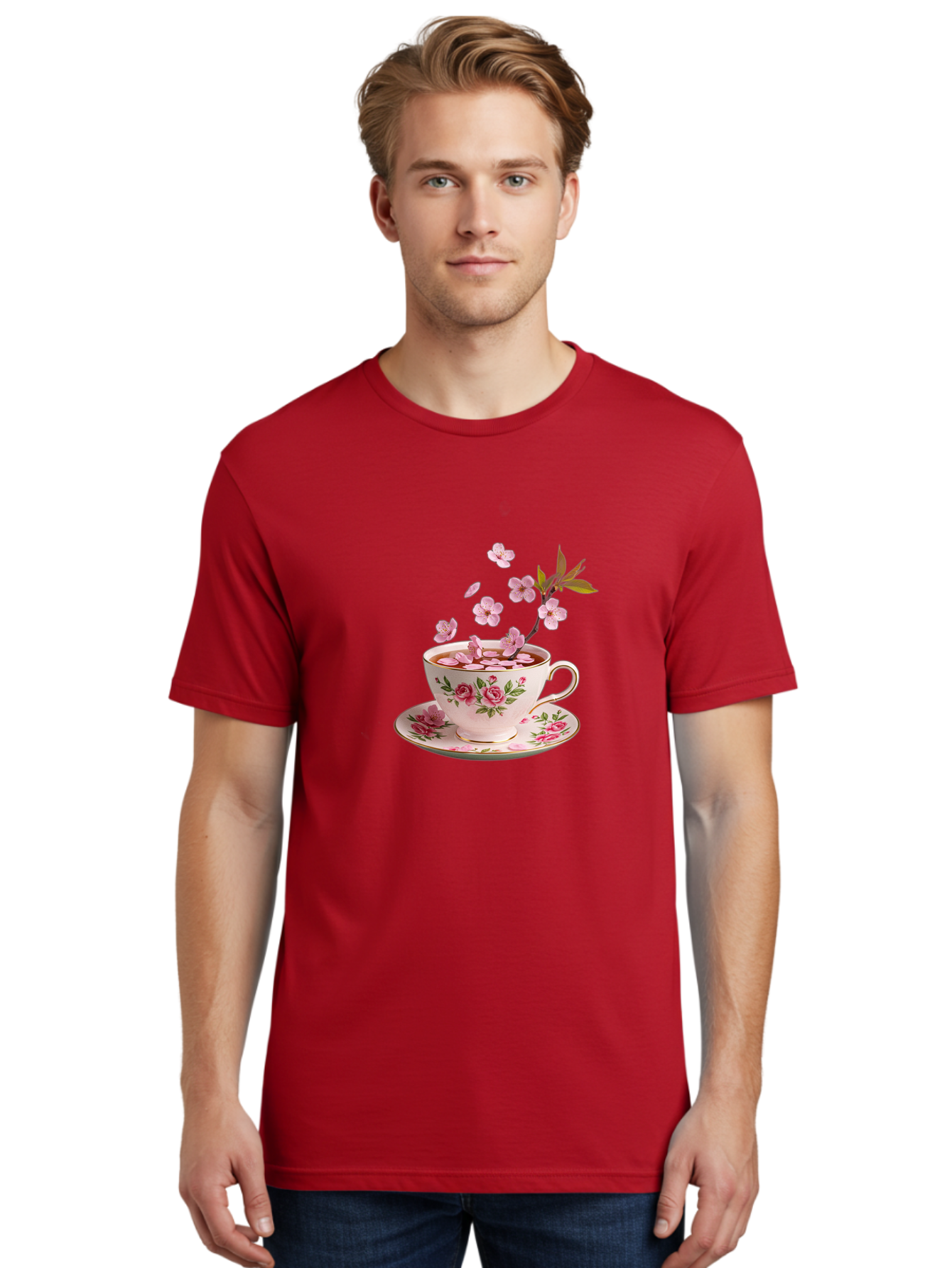 Tea-Cup-With-Cherry-Blossoms-1 Men'S Graphic Tee, 100% Cotton, Comfortable Casual Summer Wear, Machine Washable, Vintage Camera, Old Camera, Antique Camera, Black Camera, Classic Photography, Photography Equipment, Nostalgic Device, Bai446