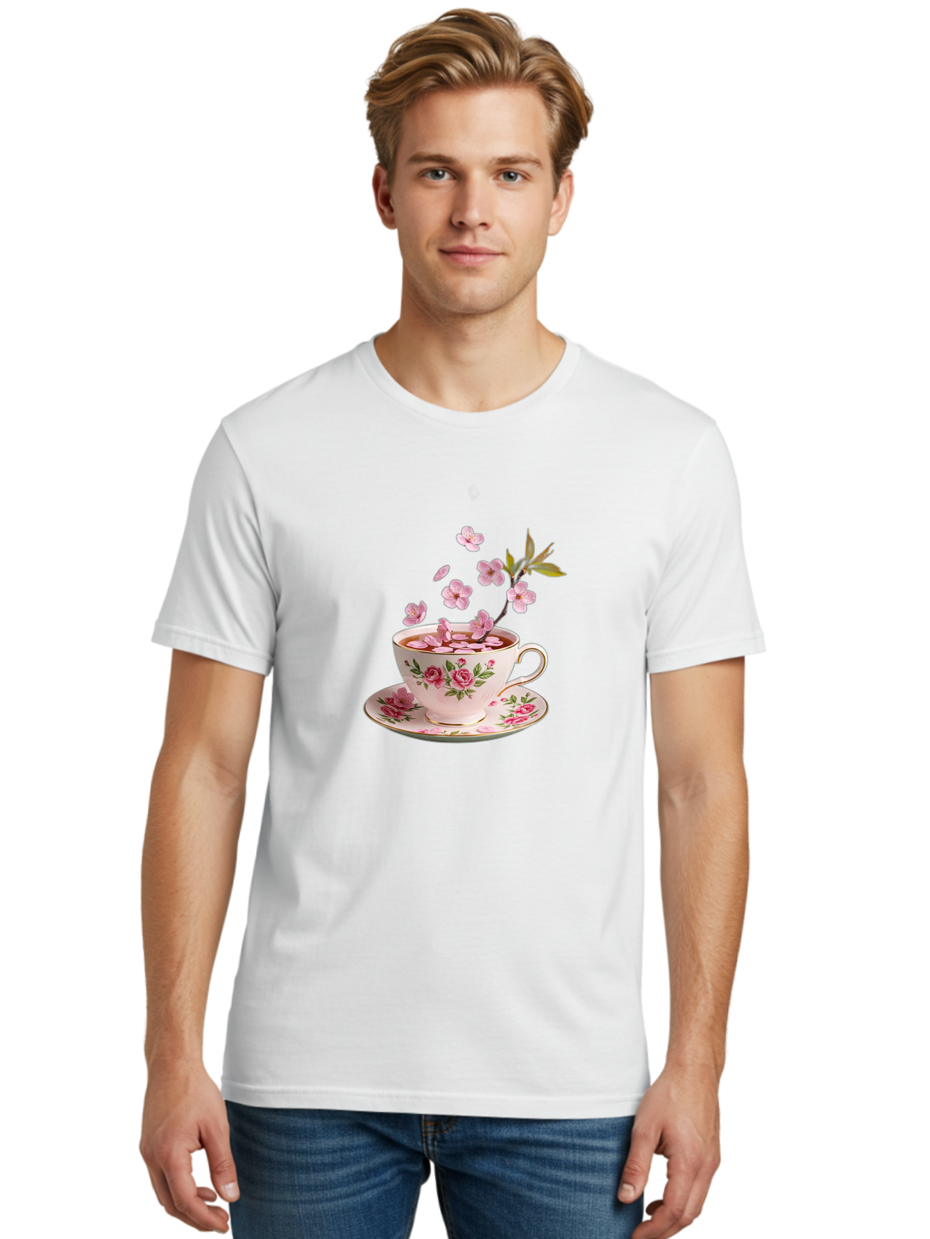 Tea-Cup-With-Cherry-Blossoms-1 Men'S Graphic Tee, 100% Cotton, Comfortable Casual Summer Wear, Machine Washable, Vintage Camera, Old Camera, Antique Camera, Black Camera, Classic Photography, Photography Equipment, Nostalgic Device, Bai446