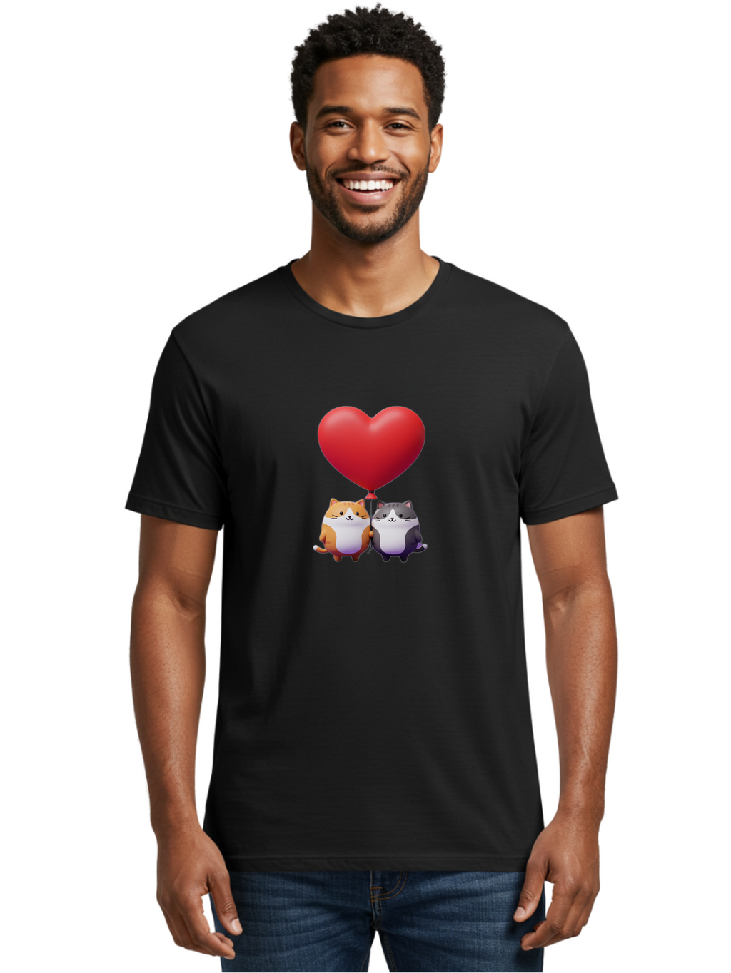 Two-Cats-With-Heart-Balloon Men'S Graphic Tee, 100% Cotton, Comfortable Casual Summer Wear, Machine Washable, Vintage Camera, Old Camera, Antique Camera, Black Camera, Classic Photography, Photography Equipment, Nostalgic Device, Film Camera, Bai490