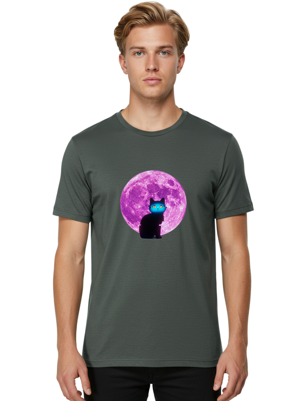 Black-Cat-Purple-Moon Men'S Graphic Tee, 100% Cotton, Comfortable Casual Summer Wear, Machine Washable, Vintage Camera, Old Camera, Antique Camera, Black Camera, Classic Photography, Photography Equipment, Nostalgic Device, Film Camera, Bai594