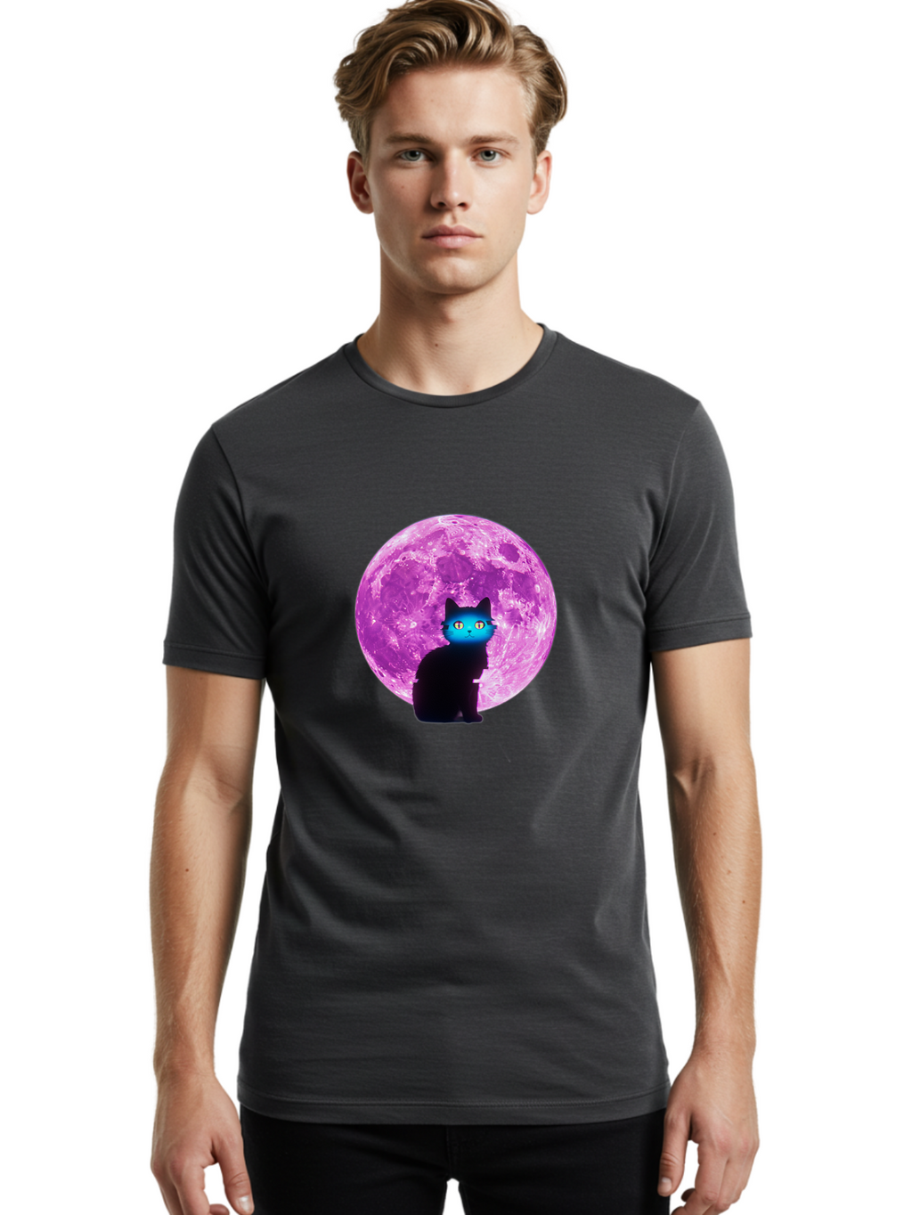 Black-Cat-Purple-Moon Men'S Graphic Tee, 100% Cotton, Comfortable Casual Summer Wear, Machine Washable, Vintage Camera, Old Camera, Antique Camera, Black Camera, Classic Photography, Photography Equipment, Nostalgic Device, Film Camera, Bai594