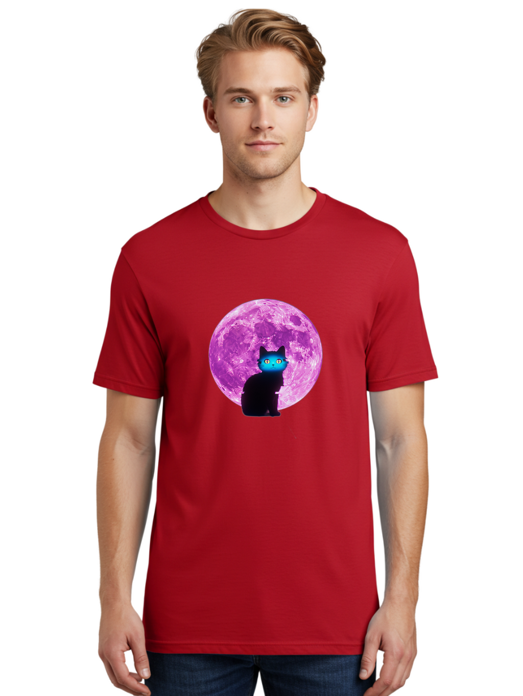 Black-Cat-Purple-Moon Men'S Graphic Tee, 100% Cotton, Comfortable Casual Summer Wear, Machine Washable, Vintage Camera, Old Camera, Antique Camera, Black Camera, Classic Photography, Photography Equipment, Nostalgic Device, Film Camera, Bai594