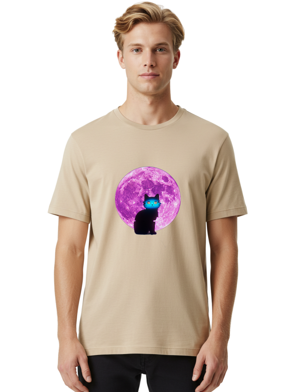 Black-Cat-Purple-Moon Men'S Graphic Tee, 100% Cotton, Comfortable Casual Summer Wear, Machine Washable, Vintage Camera, Old Camera, Antique Camera, Black Camera, Classic Photography, Photography Equipment, Nostalgic Device, Film Camera, Bai594