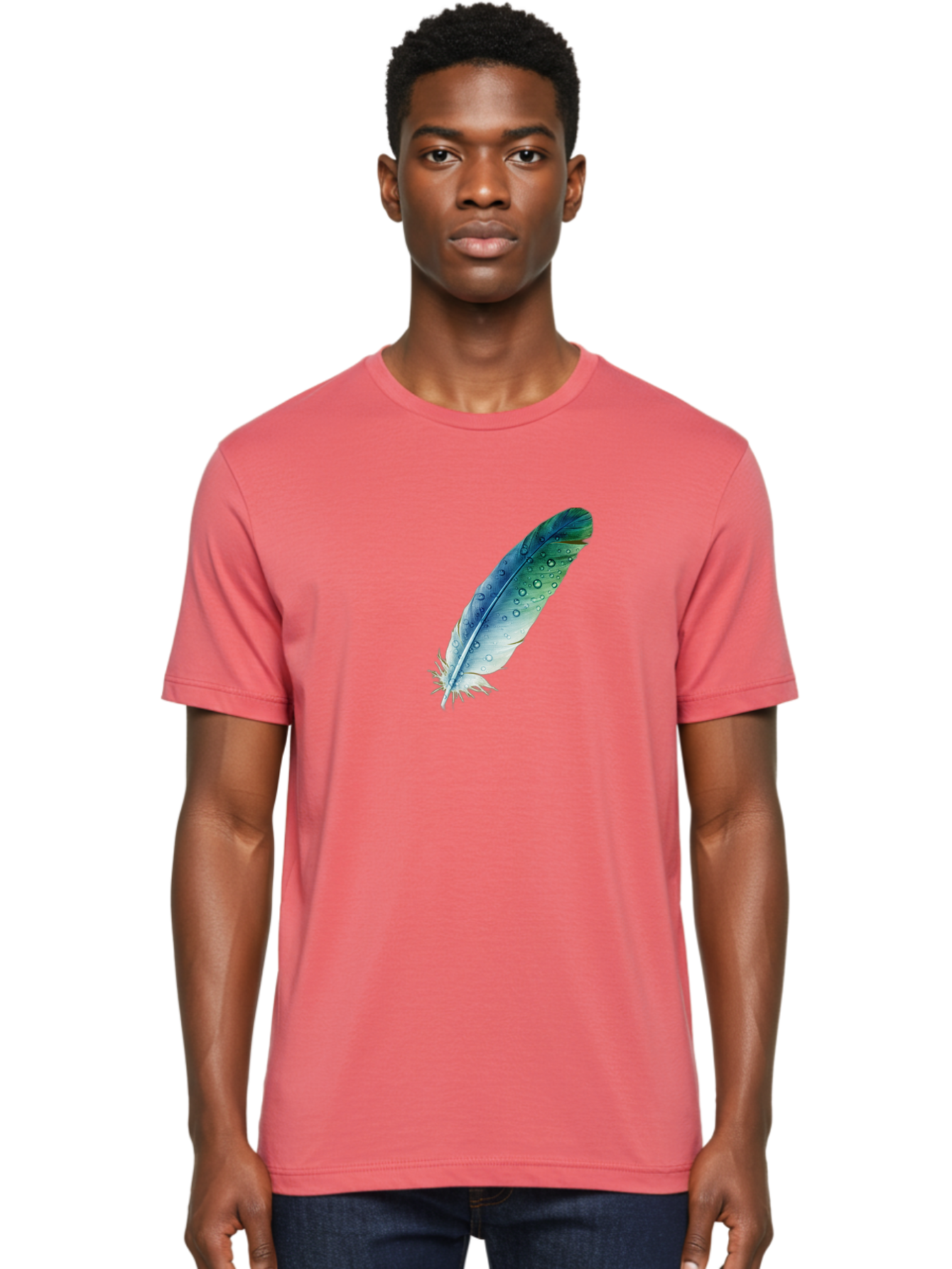 Blue-Feather-With-Water-Droplets Men'S Graphic Tee, 100% Cotton, Comfortable Casual Summer Wear, Machine Washable, Vintage Camera, Old Camera, Antique Camera, Black Camera, Classic Photography, Photography Equipment, Nostalgic Device, Bai598