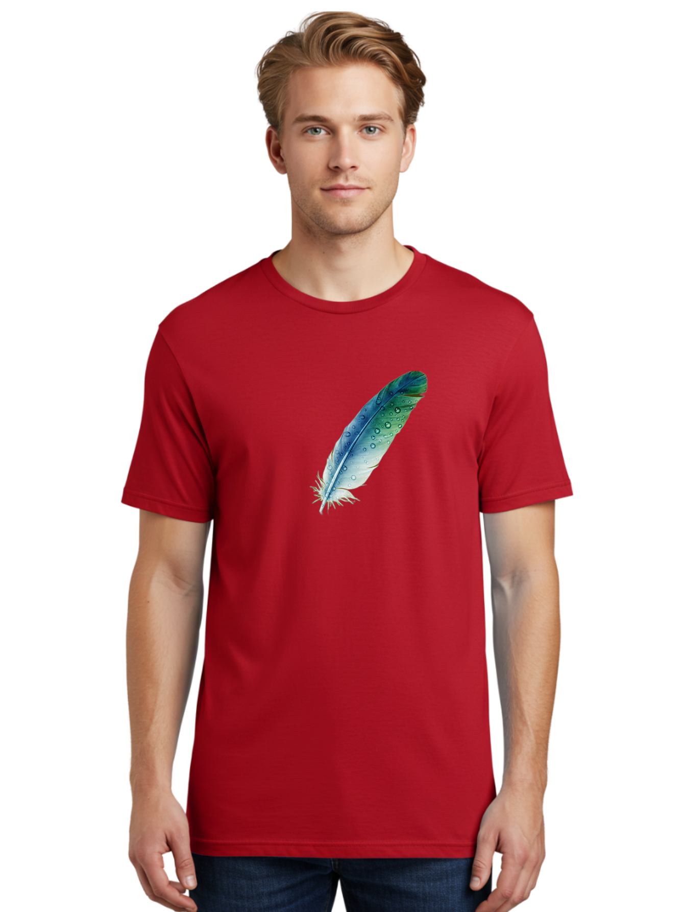 Blue-Feather-With-Water-Droplets Men'S Graphic Tee, 100% Cotton, Comfortable Casual Summer Wear, Machine Washable, Vintage Camera, Old Camera, Antique Camera, Black Camera, Classic Photography, Photography Equipment, Nostalgic Device, Bai598