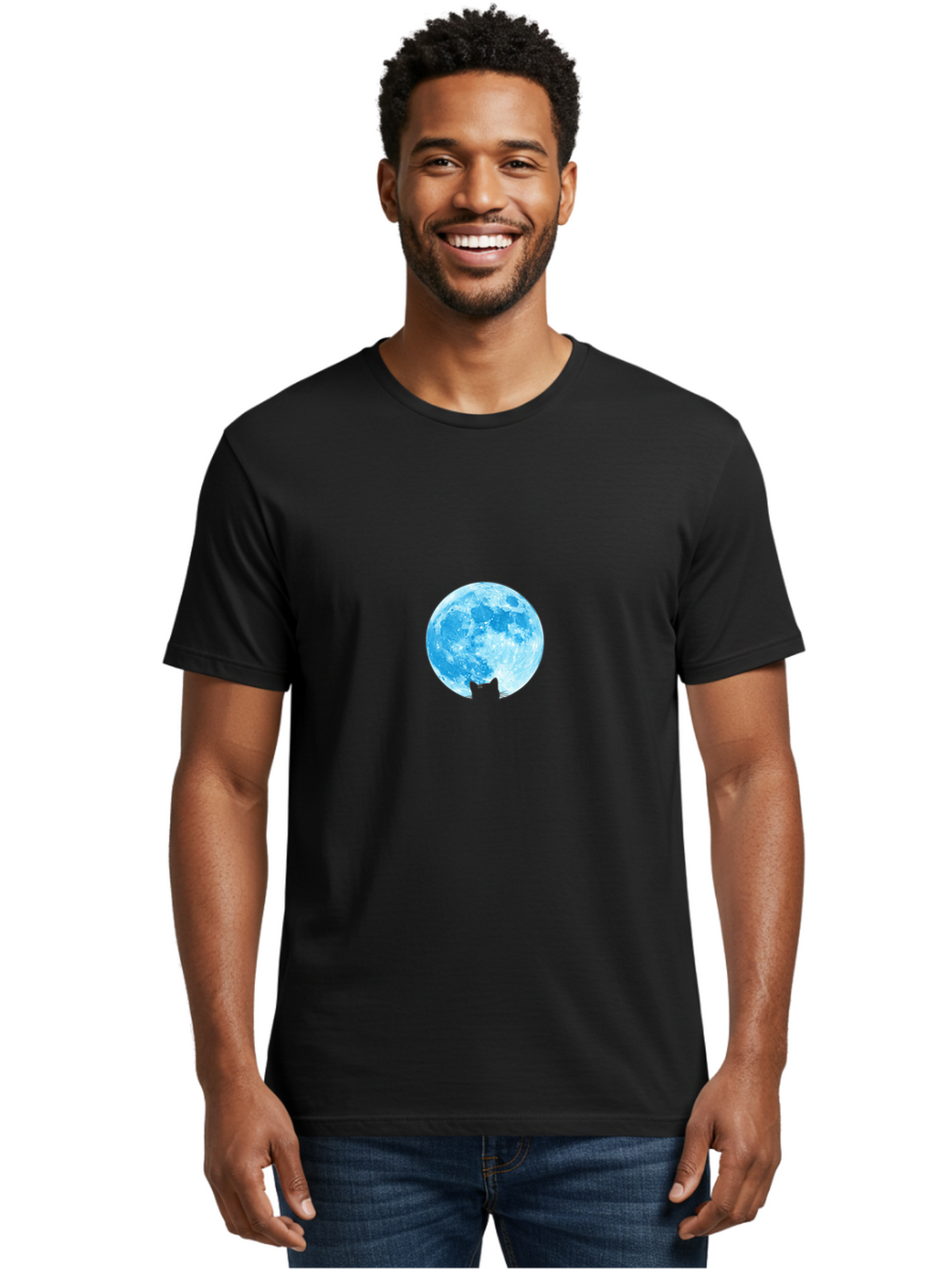 Blue-Moon-With-Cat-Silhouette Men'S Graphic Tee, 100% Cotton, Comfortable Casual Summer Wear, Machine Washable, Vintage Camera, Old Camera, Antique Camera, Black Camera, Classic Photography, Photography Equipment, Nostalgic Device, Bai599